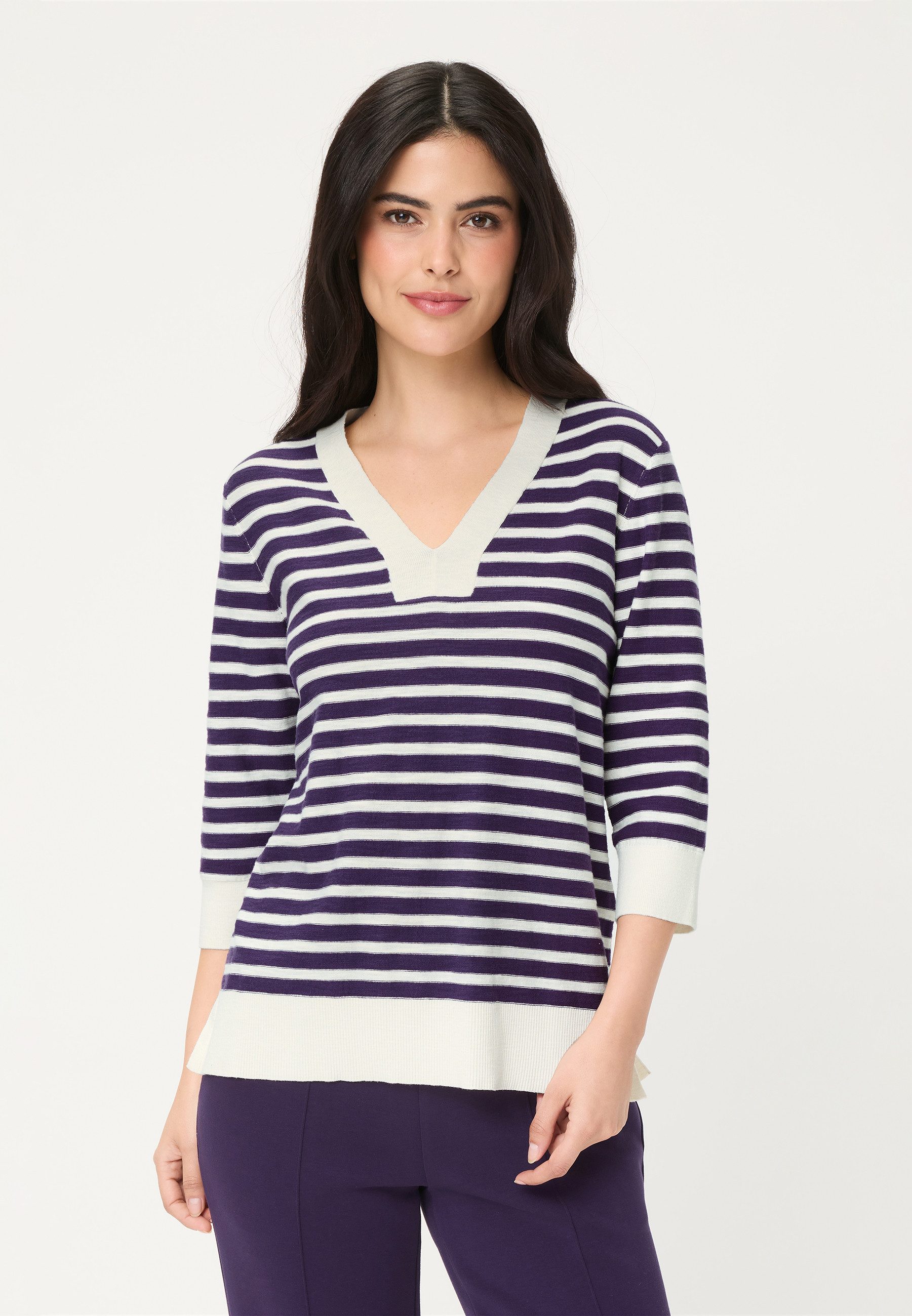 Olsen Strickpullover mit Streifen und V-Ausschnitt