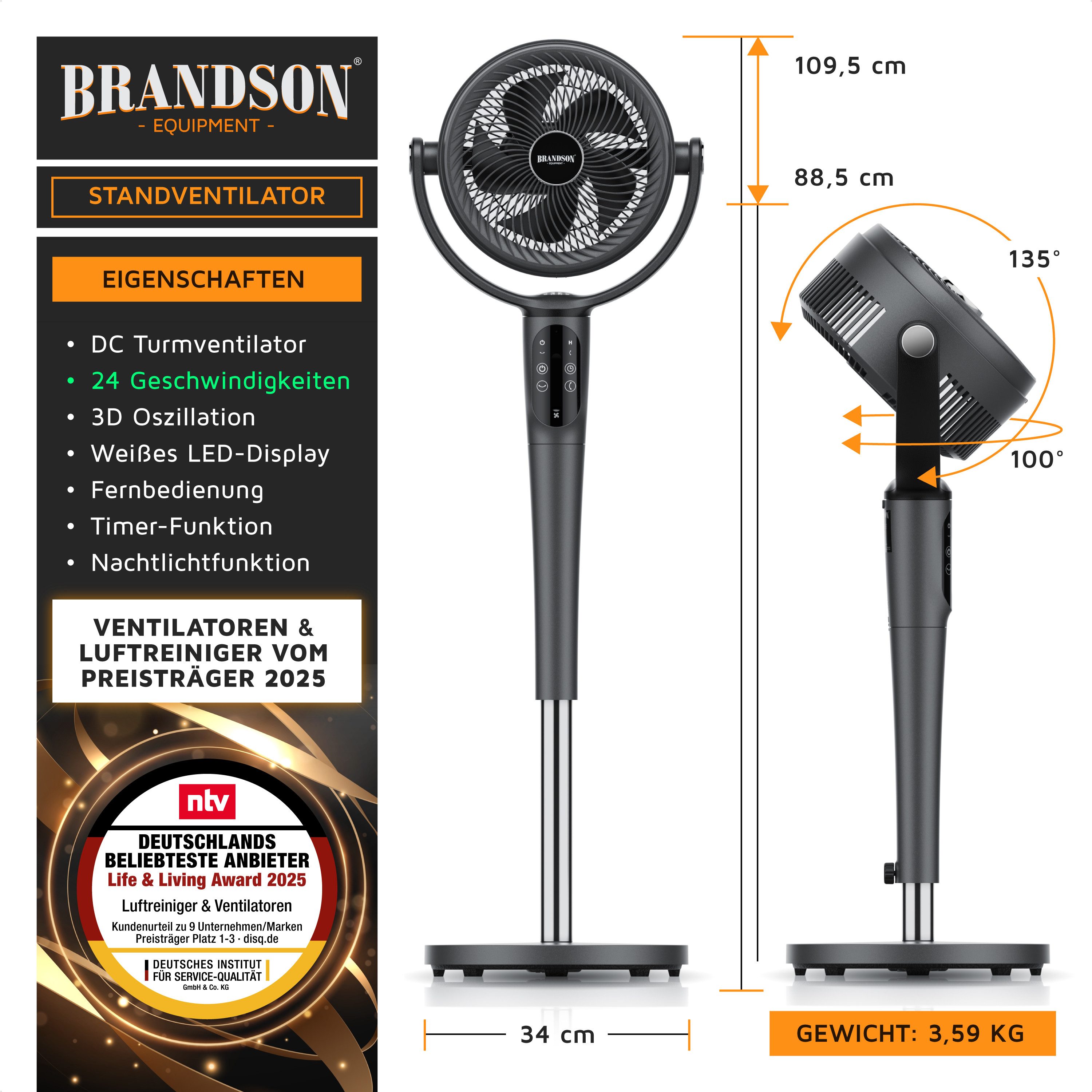 Brandson Standventilator mit Fernbedienung, leise, DC, günstig online kaufen