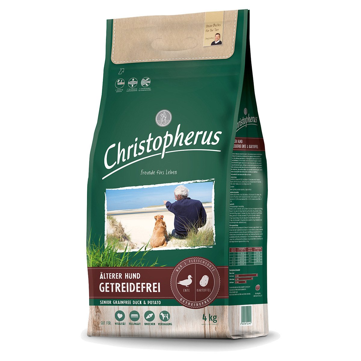 Christopherus Getreidefrei Senior mit Ente & Kartoffel 4 kg, Trockenfutter für: Hund