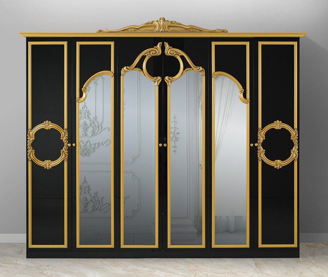 Interdesign24 Schlafzimmer-Set Donna, (4-Teilig, inkl. Spiegeltüren und Polsterung im Kopf- und Fußteil, im ausgefallenem Barock-Stil), Bett 160 x 200 cm, in Hochglanz Schwarz/Gold