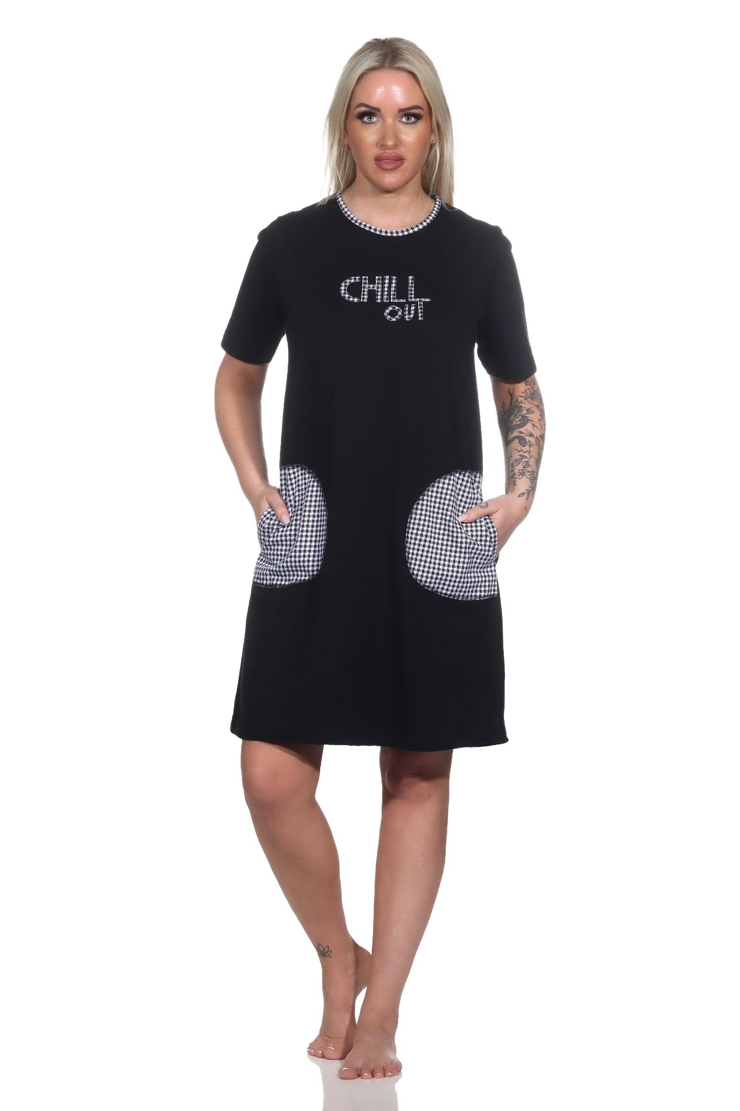 Normann Nachthemd Damen kurzarm Nachthemd mit aufgesetzten Taschen und Frontprint schwarz