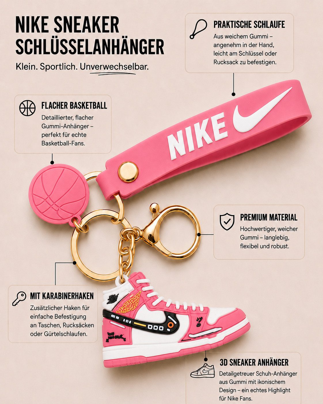 soma Schlüsselanhänger Sneaker-Rucksackanhänger Bag 6cm Basketball & Karabiner rosa (Set, 1-tlg., Geschenk-Set), Sportlicher Sneaker-Anhänger mit Basketball und – Bild 4 von 5