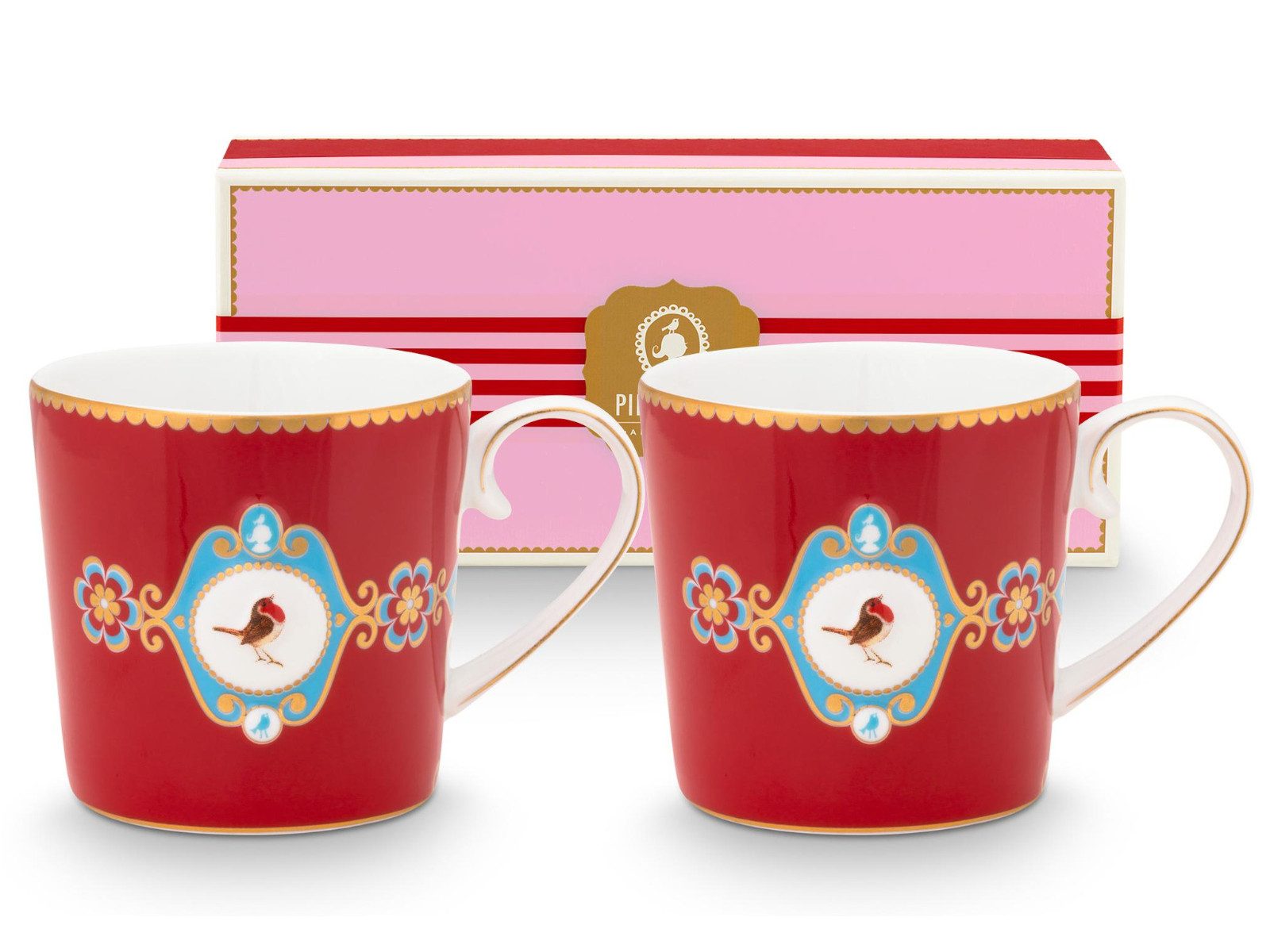 PiP Studio Becher Love Birds Medallion Red Henkelbecher Small 0,15l Set2, Porzellan