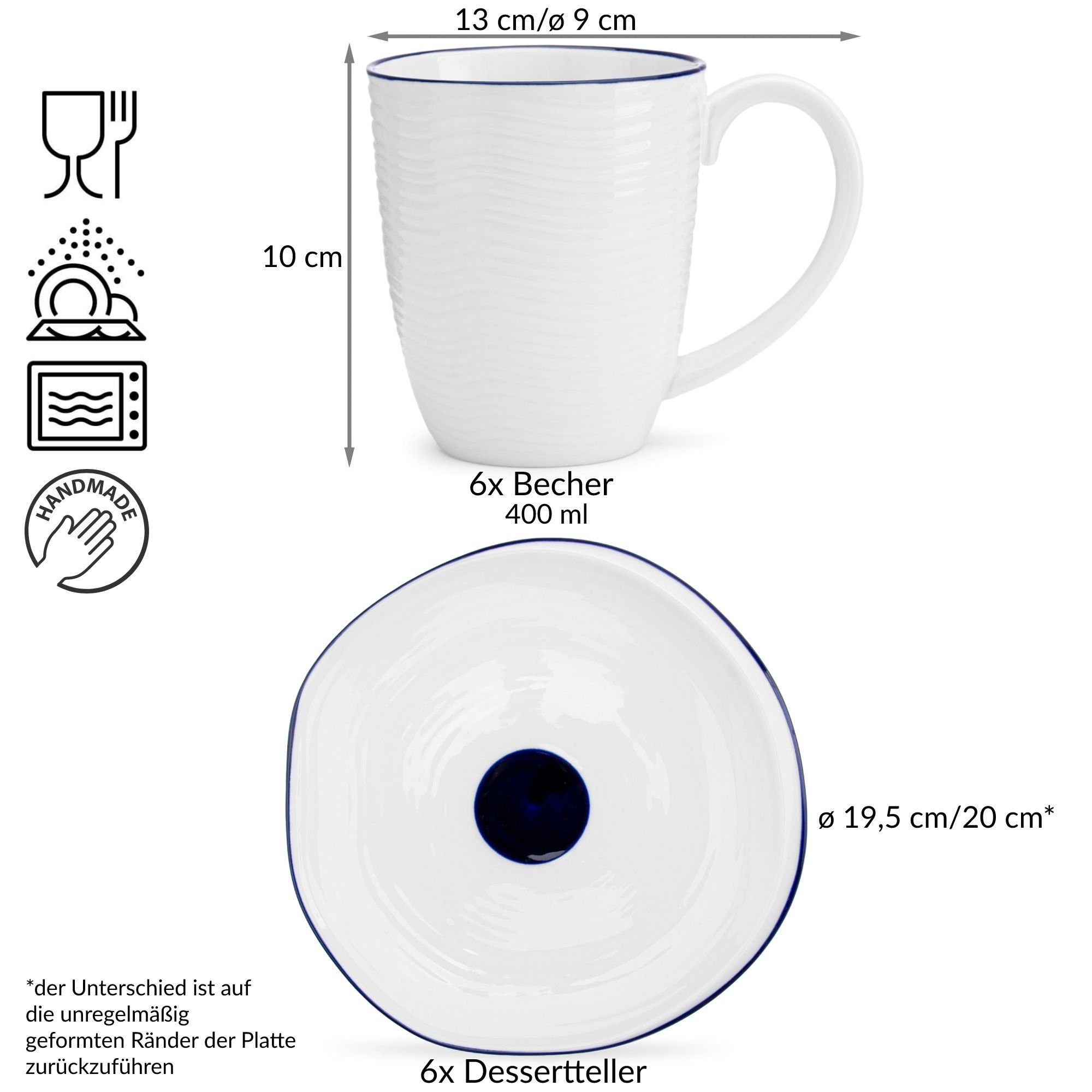 Konsimo Kaffeeservice KROG Teeservice Stil, Personen, & maritimer (12-tlg), mikrowellenfest Porzellan, 6 spülmaschinenfest handgefertigt