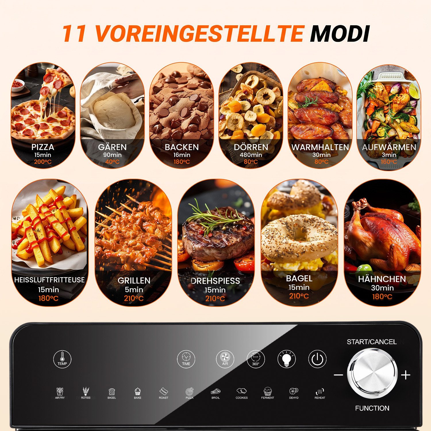 oyajia Heißluftfritteuse XXL Minibackofen 14L Airfryer, 11 Automatikprogramme mit Rotisserie-Funktion, Sichtfenster Innenbeleuchtung, Timer, 7 Anhänge, 1800 W, Vielseitiges Küchengerät zum Frittieren, Backen, Trocknen Aufwärmen