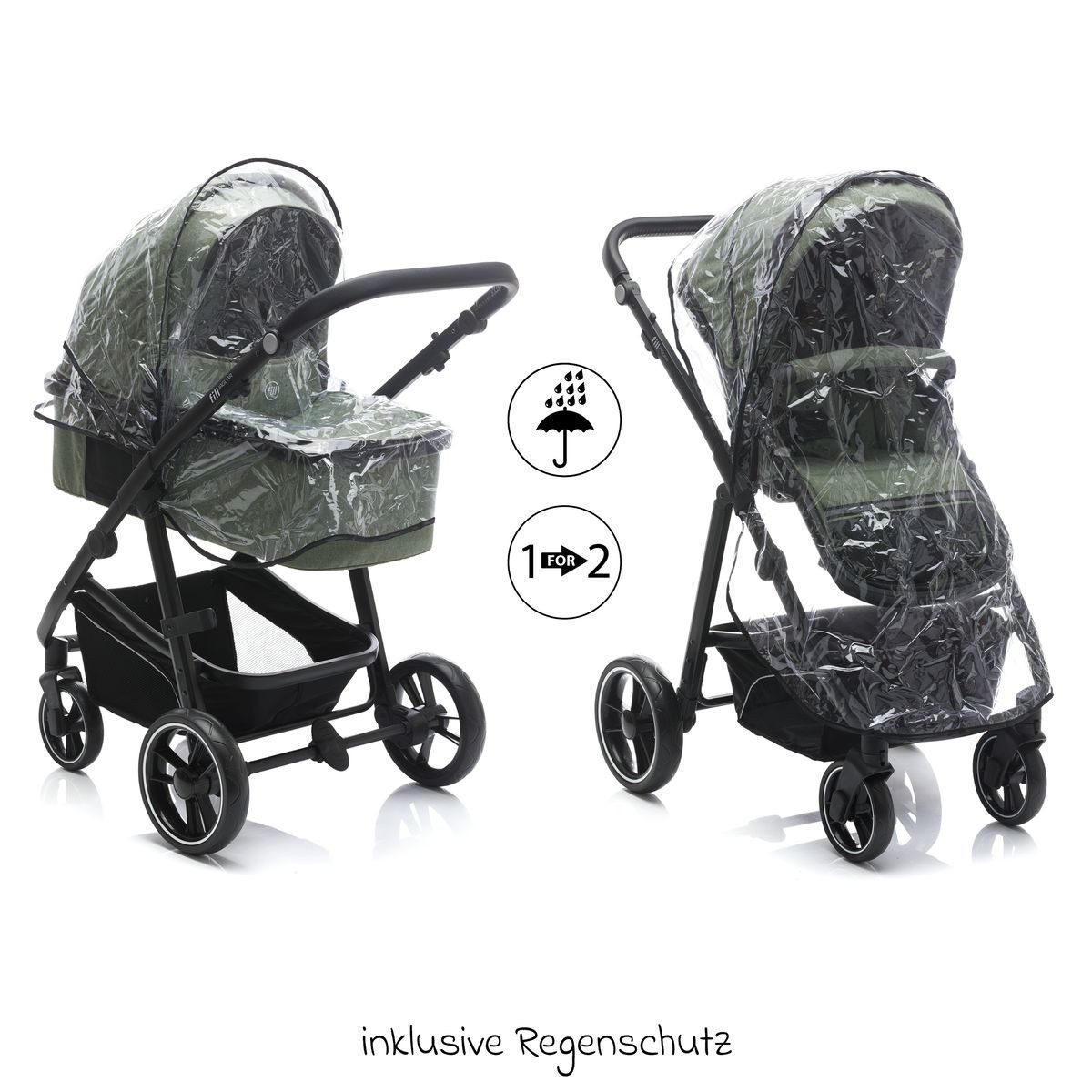 Fillikid Kombi-Kinderwagen Fill Jaguar - Grün Melange, 3in1 Kinderwagen mit Babyschale, Babywanne, Sportsitz & Wickeltasche