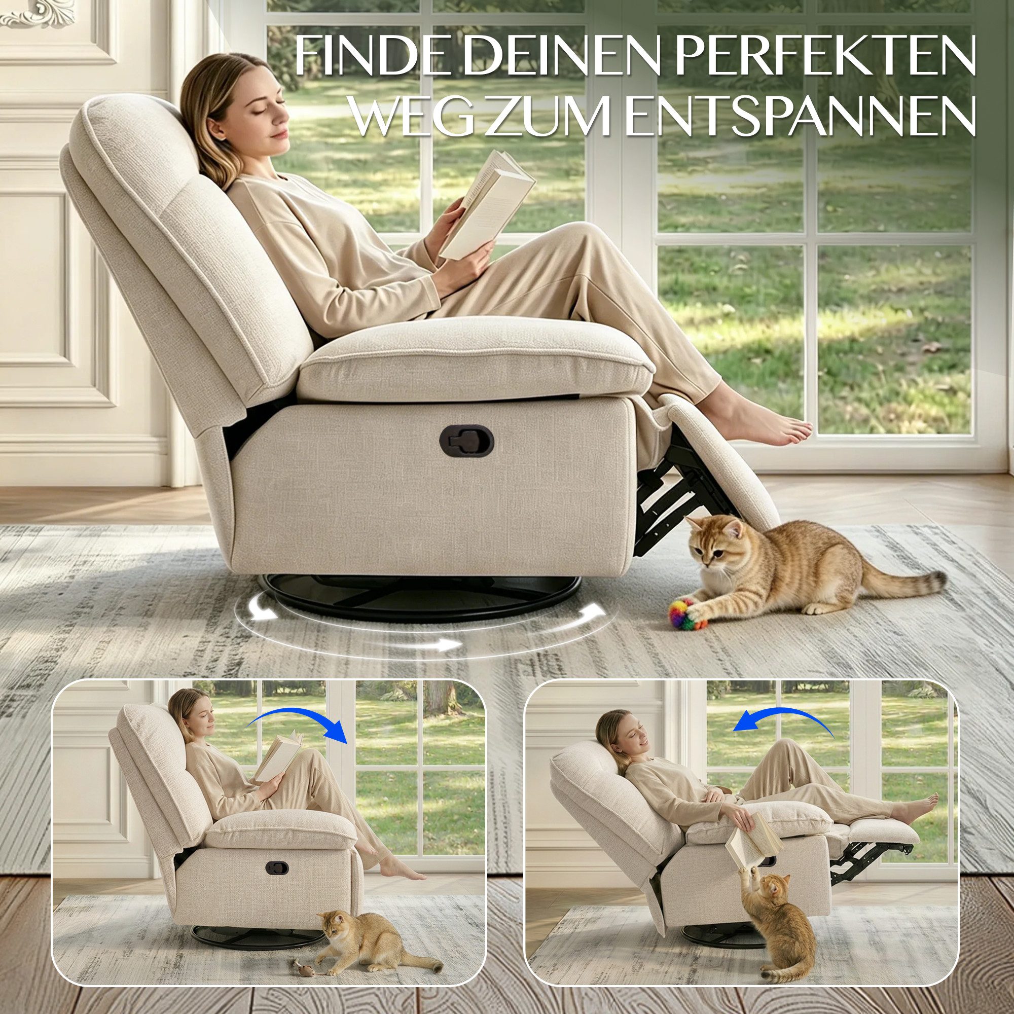 FLEXISPOT Sessel Schaukelsessel gemütlicher TV-Sessel, Relaxsessel (Versteckter Stauraum, 105° - 145° verstellbar, Drehsessel mit Rocking, Ruhesessel für Senioren & Stillenden), 159 KG belastbar, Inkl. Dicke Sofadecke (1,5 x 1,5 m)