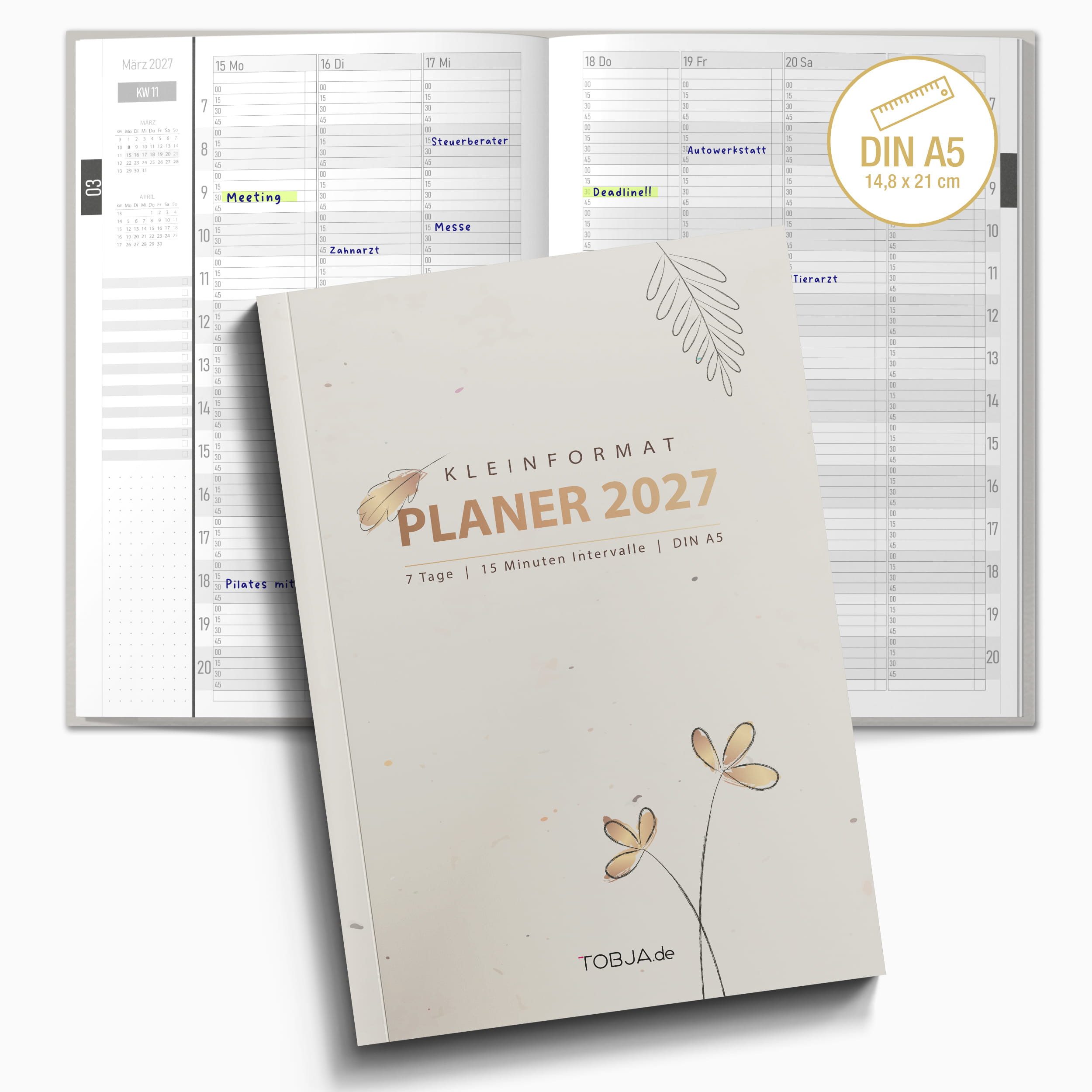 TOBJA Buchkalender Praxisplaner 2027 A5 Flora Terminplaner Salon Kosmetik 15 Min Takt FSC, 15-Min-Takt 7-21 Uhr, A5, 1 Wo 2 Seiten, FSC-Papier, Blumen-Design
