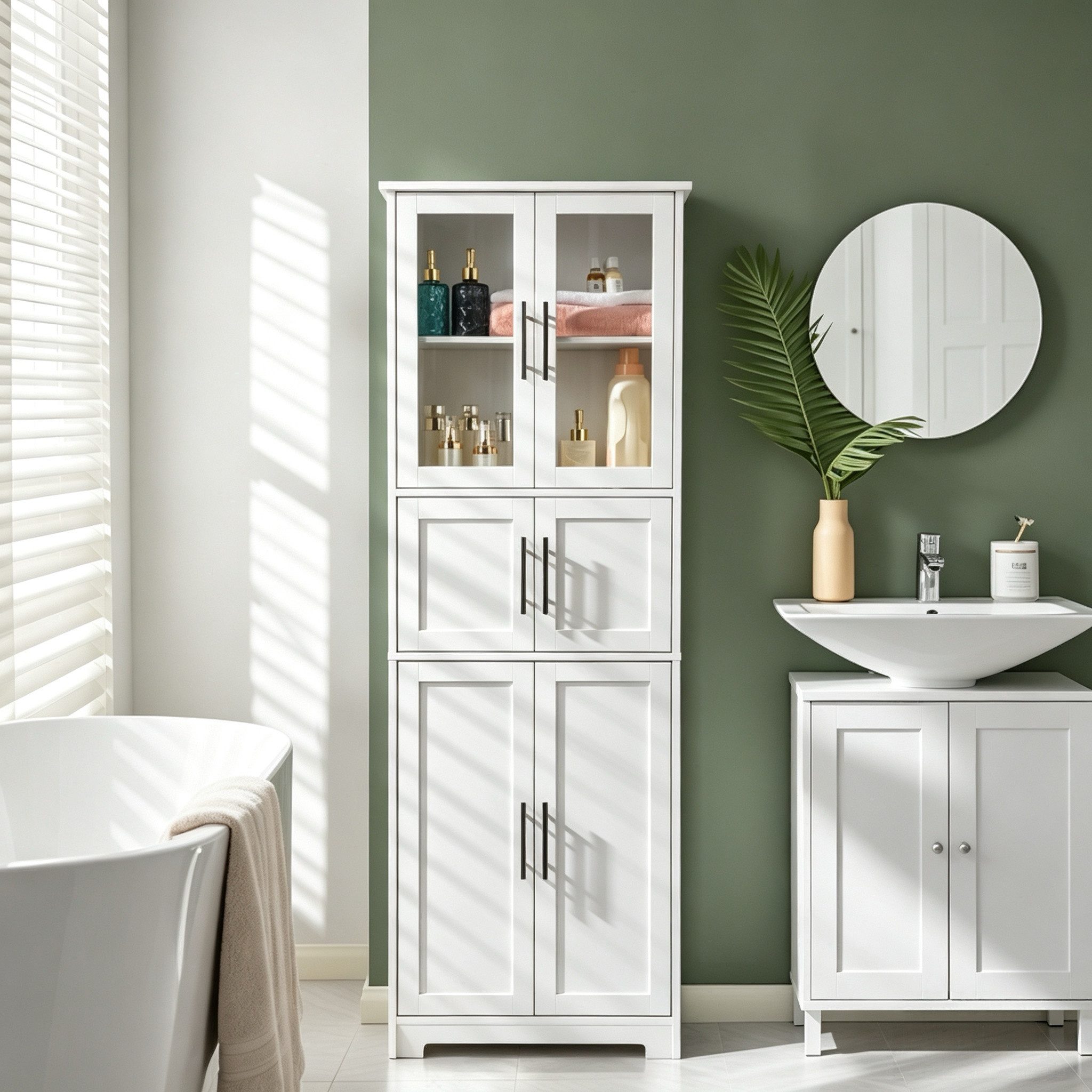 ibettertec Badmöbel-Set Schmaler stehender Badschrank & Badkommode mit offenem Regal, MDF-Sprühfarbe Schrank mit 6 Türen, Weißer Badezimmerschrank