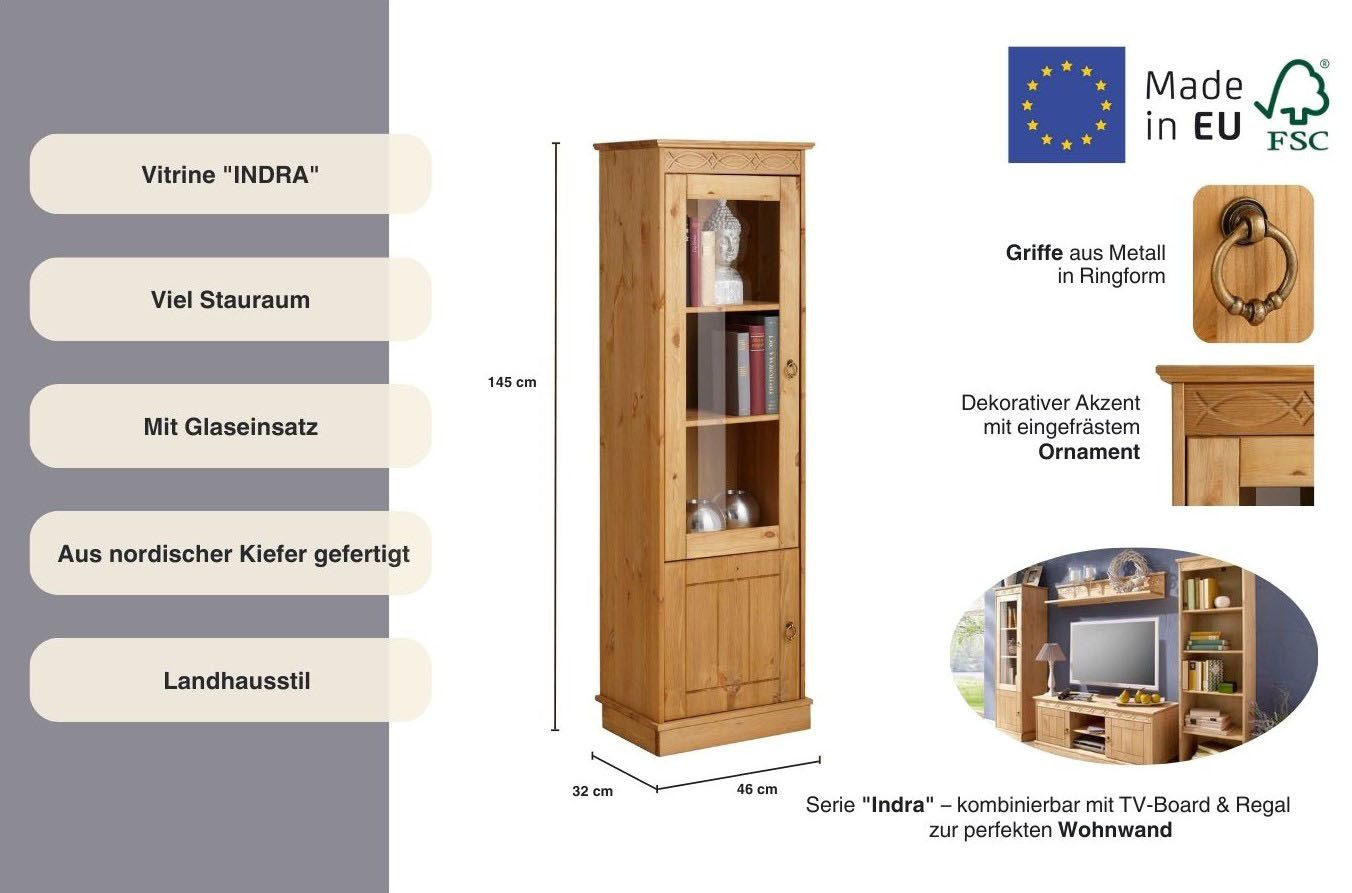 OTTO home Vitrine Indra aus massiver Kiefer, FSC®, 2trg., Höhe 145 cm, dezentes Ornament – Bild 4 von 5