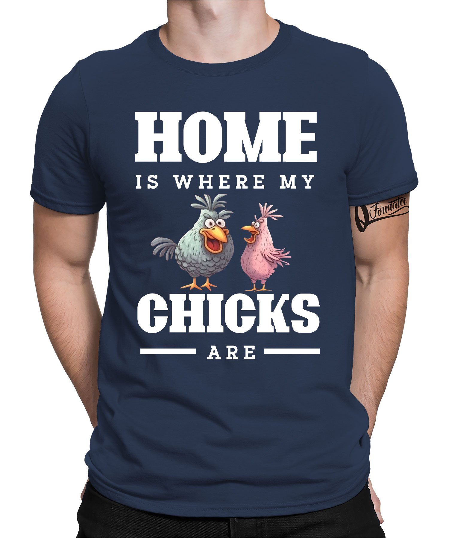 Quattro Formatee Kurzarmshirt Home Chicks - Huhn Hahn Chicken Bauern Hühner Herren T-Shirt (1-tlg) Navy Blau