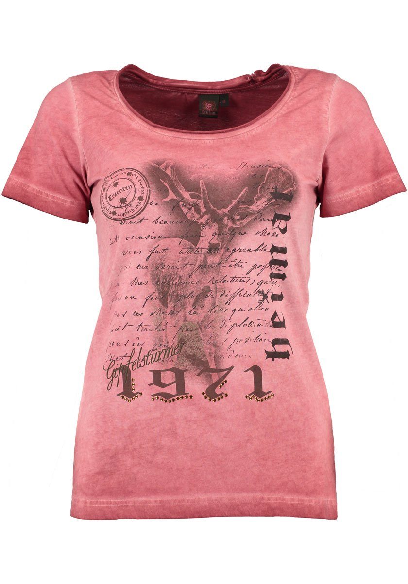 Pezzo D'oro Trachtenshirt Damen Trachten T-Shirt 1/2 Arm,  Rundhalsausschnitt weinrot, hell verwaschen, Frontdruck Hirsch und Heimat  in braun