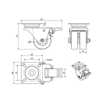 SO-TECH® Schwerlastrolle Transportrolle Ø 50 mm mit Anschraubplatte 60x60 mm, (1-St), Tragkraft / Stück: 100 kg, Möbelrolle mit Bremse Ø 50 mm