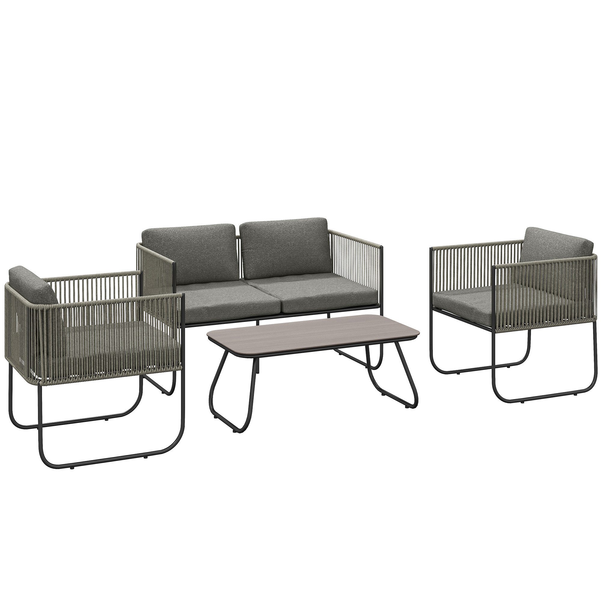Outsunny Sitzgruppe mit 2er Sofa, Sessel, Tisch, Kissen, (wetterfest Lounge-Set für 4 Personen, 4-tlg., Gartenmöbel Set aus Polyrattan), für Garten Balkon Braun+Dunkelgrau