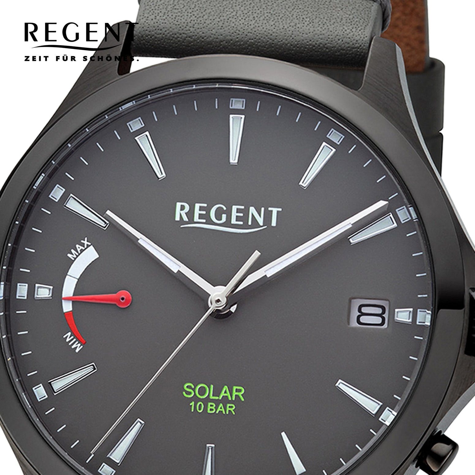 Regent Solaruhr Regent Herren Solaruhr Analog Lederarmband, (Solaruhr), Herren Solaruhr rund, extra groß (ca. 41mm), Lederarmband