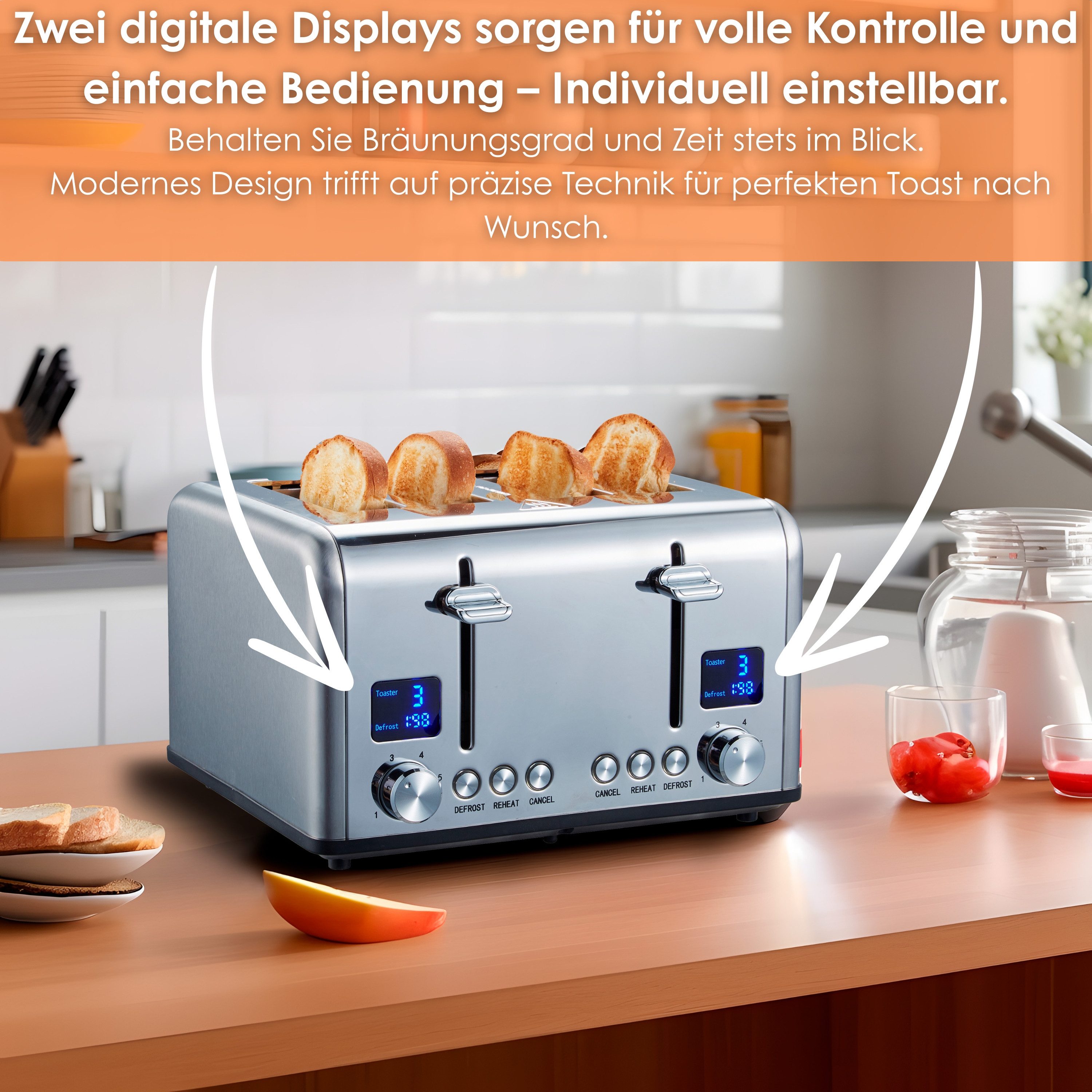 STEINBORG Toaster SB-2080, 4 kurze Schlitze, für 4 Scheiben, 1630 W, Edelstahl Gehäuse,Brötchenaufsatz,Krümelschublade,2xDigitales Display
