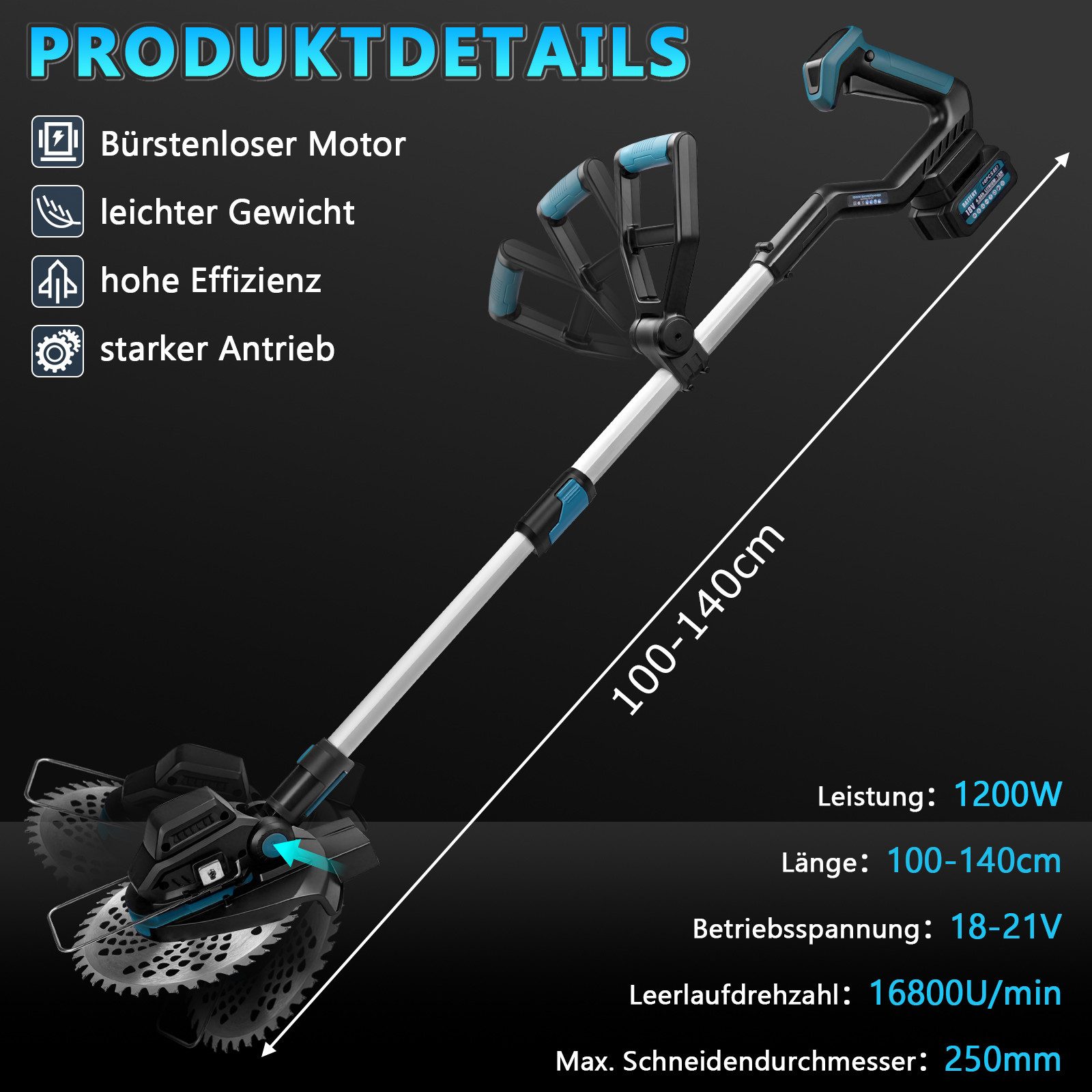 XERSEK Akku-Rasentrimmer 1200W Freischneider mit Teleskop-Stiel Räder, Grastrimmer Motorsense, 25 cm Arbeitsbreite Messer, (19tlg-inkl.2*4.0AH-Akkus, Bürstenloser Motor, 16800U/min, L100-140cm), 2*4.0AH-Akkus Bürstenloser Motor 16800U/min Rasenmäher f. Rasen Garten