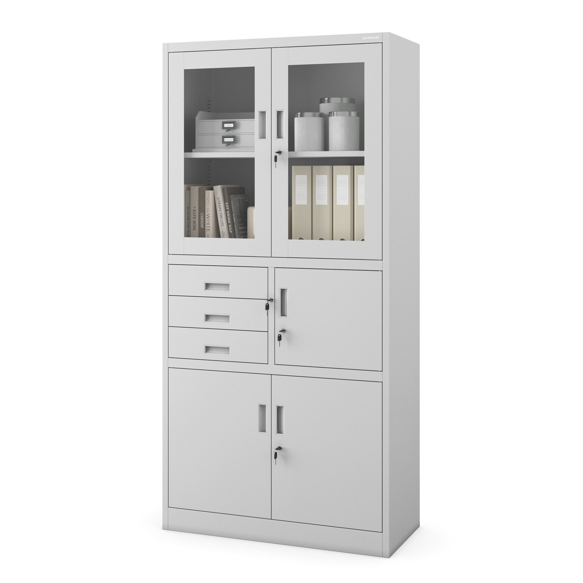 Jan Nowak Aktenschrank Metall Büroschrank mit Tresor 90 cm FILIP Glasvitrine Schubladen (Stahl 0,6 mm Wandmontage möglich PZH-zertifiziert 185 cm) Aktenschrank Safe 3 Schubladen Schloss 2 Schlüssel 5 Farben