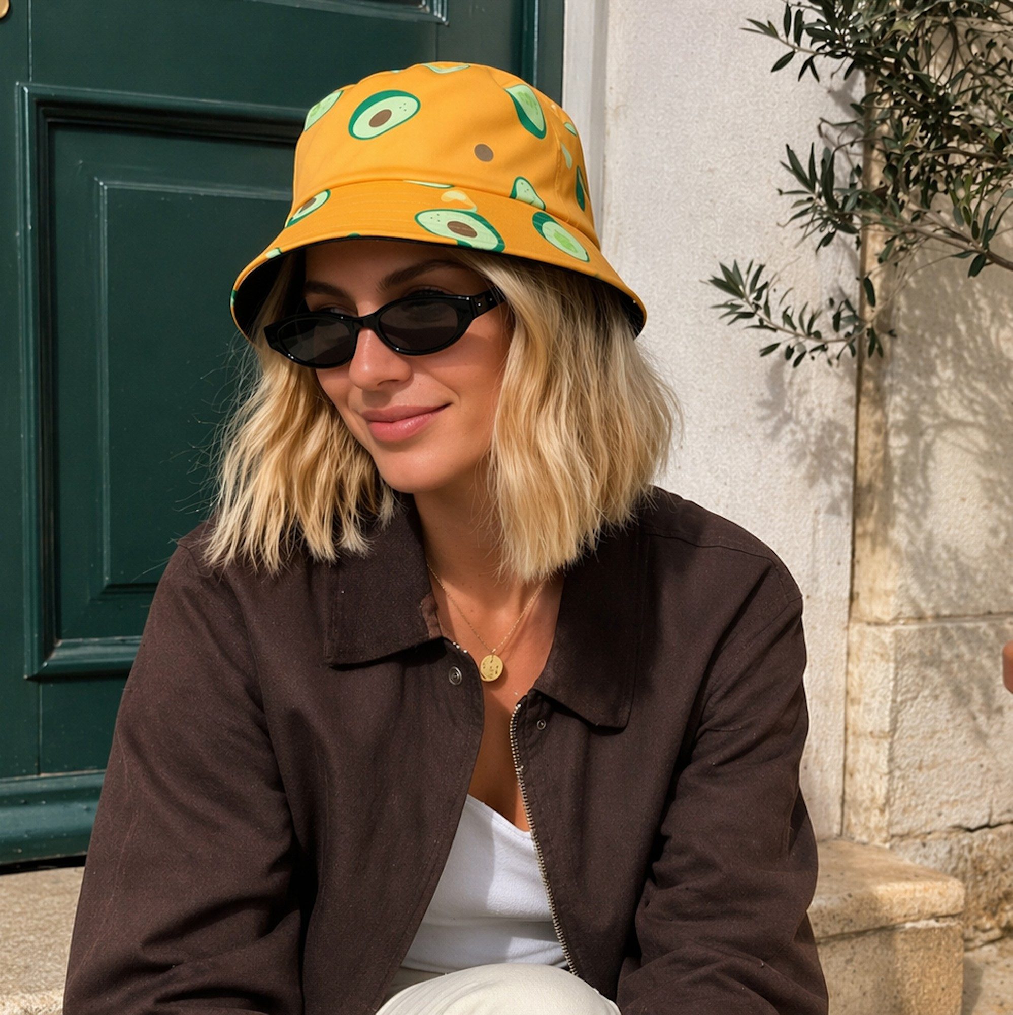 Ella Jonte Sonnenhut trendiger Bucket Hat aus 100% Baumwolle mit Avocado-Muster – faltbar