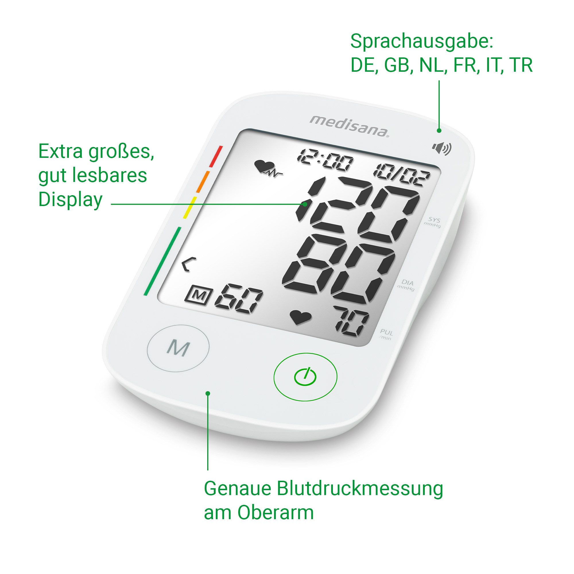 Medisana Oberarm-Blutdruckmessgerät BU 535 Voice, Sprachausgabe, unregelmäßige Herzschlaganzeige, Je 120 Speicherplätze