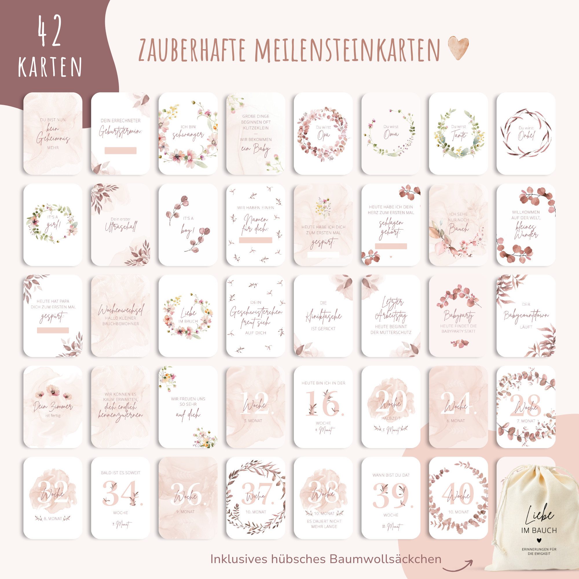 MeinBaby123® Geburtskarte 42 Meilensteinkarten Schwangerschaft zum Ausfüllen, inkl. Baumwollsäckchen, Geschenk zur Schwangerschaft