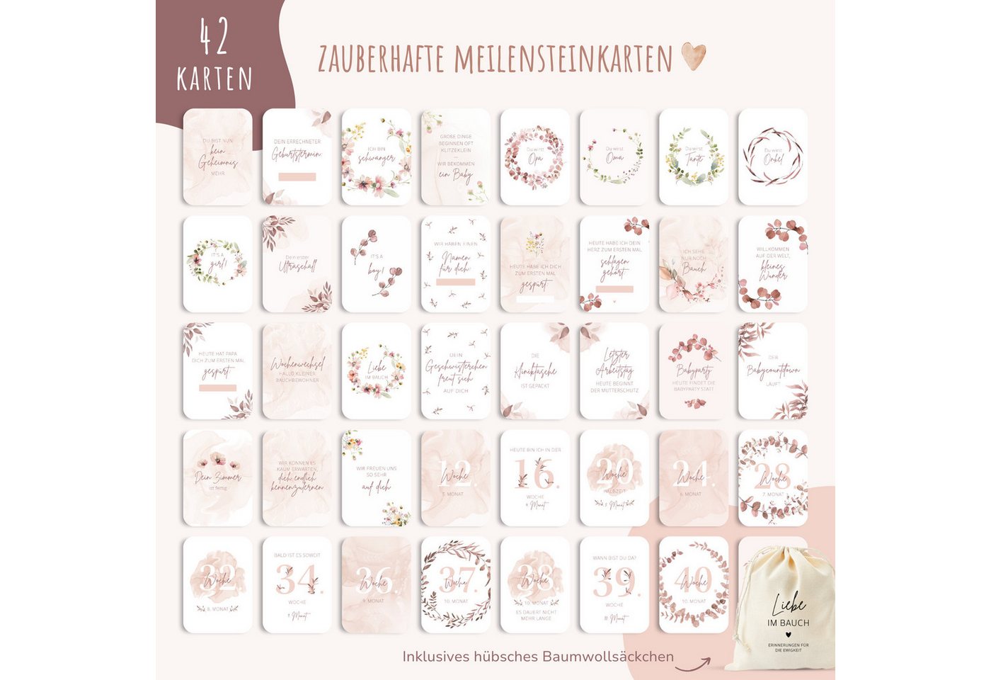 Thumbnail - MeinBaby123® Geburtskarte 42 Meilensteinkarten Schwangerschaft zum Ausfüllen, inkl. Baumwollsäckchen, Geschenk zur Schwa...