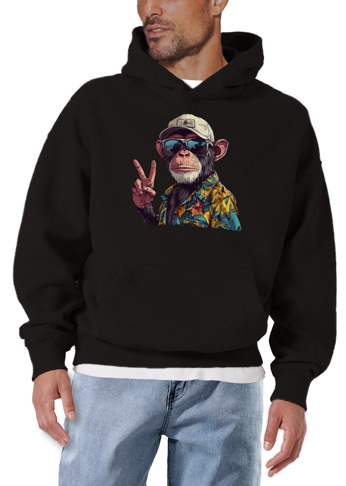 MAKAYA Kapuzenpullover Lustiger Hoodie für Herren mit Affenmotiv und Kapuze in Schwarz (Schwarz, S, M, L, XL, XXL, XXXL, XXXXL) Baumwolle