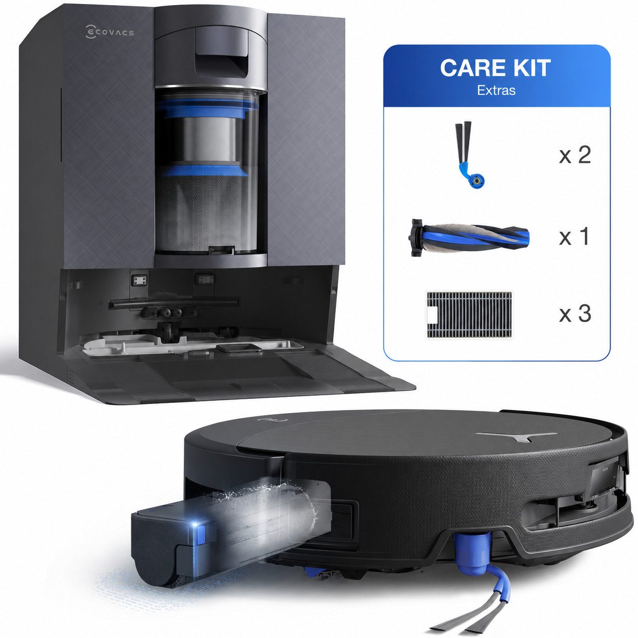 ECOVACS Nass-Trocken-Saugroboter DEEBOT X11S OmniCyclone Care Kit, All-in-One Station (beutellos), 65 W, beutellos, 30.000 Pa + 16 L/s (Luftstrom), 27cm Wischrolle, Care Kit