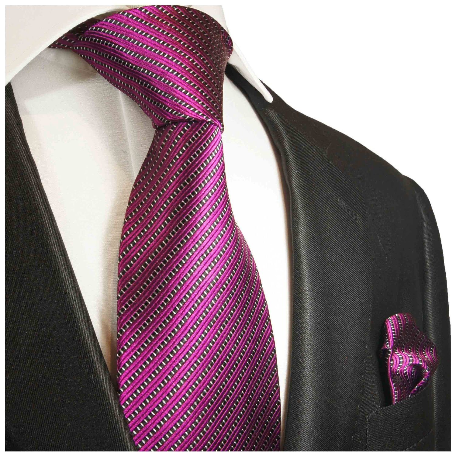 2-St., Tuch Seide Krawatte Paul Breit mit Malone (8cm), gestreift mit 995 100% Herren fuchsia (Set, Seidenkrawatte Krawatte Moderne Einstecktuch)