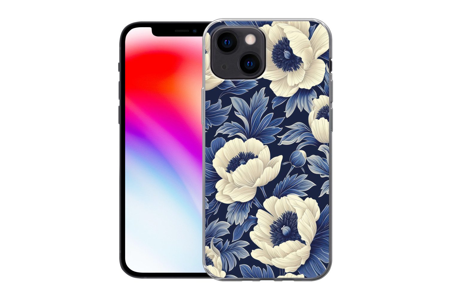 MuchoWow Handyhülle für Apple iPhone 13 mini Blumen - Muster - Blau - Weiß, Smartphone-Bumper, Print, Handy Schutzhülle Dünn