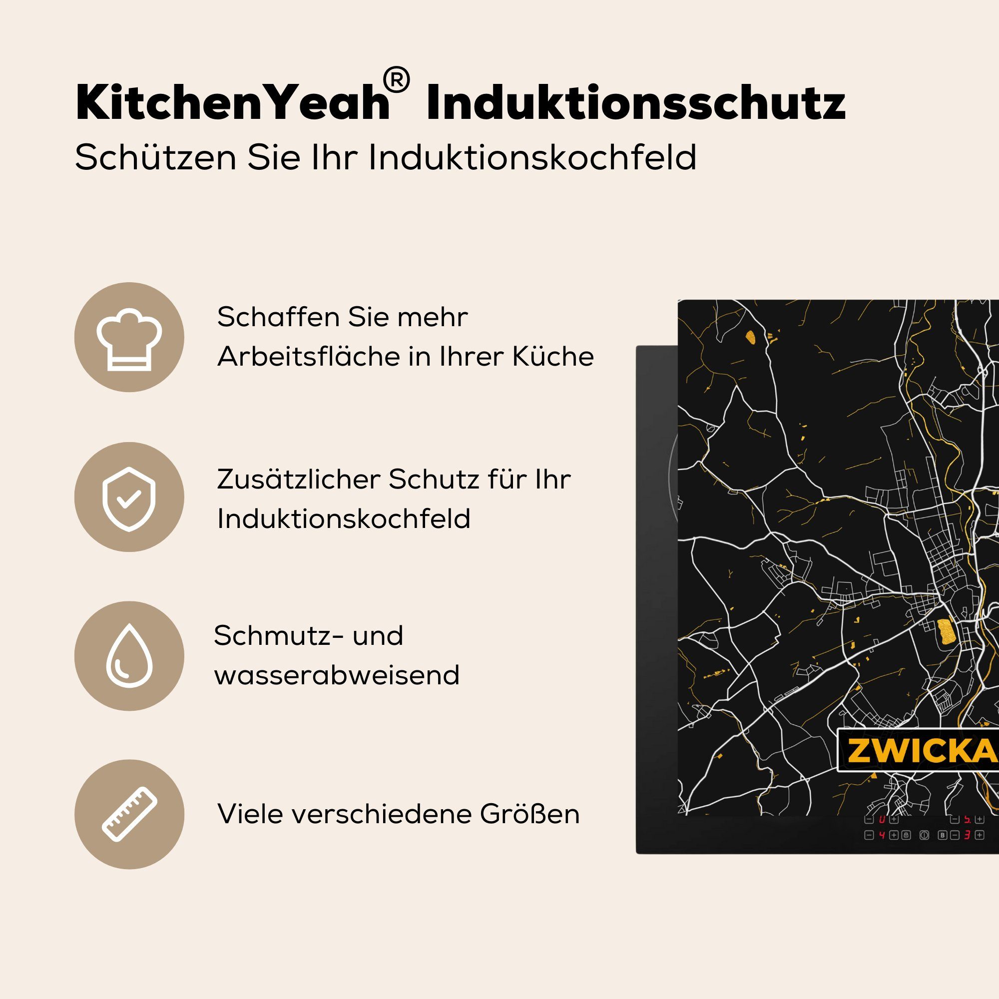Vinyl, Gold, Karte cm, tlg), Ceranfeldabdeckung, - - Herdblende-/Abdeckplatte Deutschland Zwickau Stadtplan - 78x78 küche Arbeitsplatte (1 - für MuchoWow