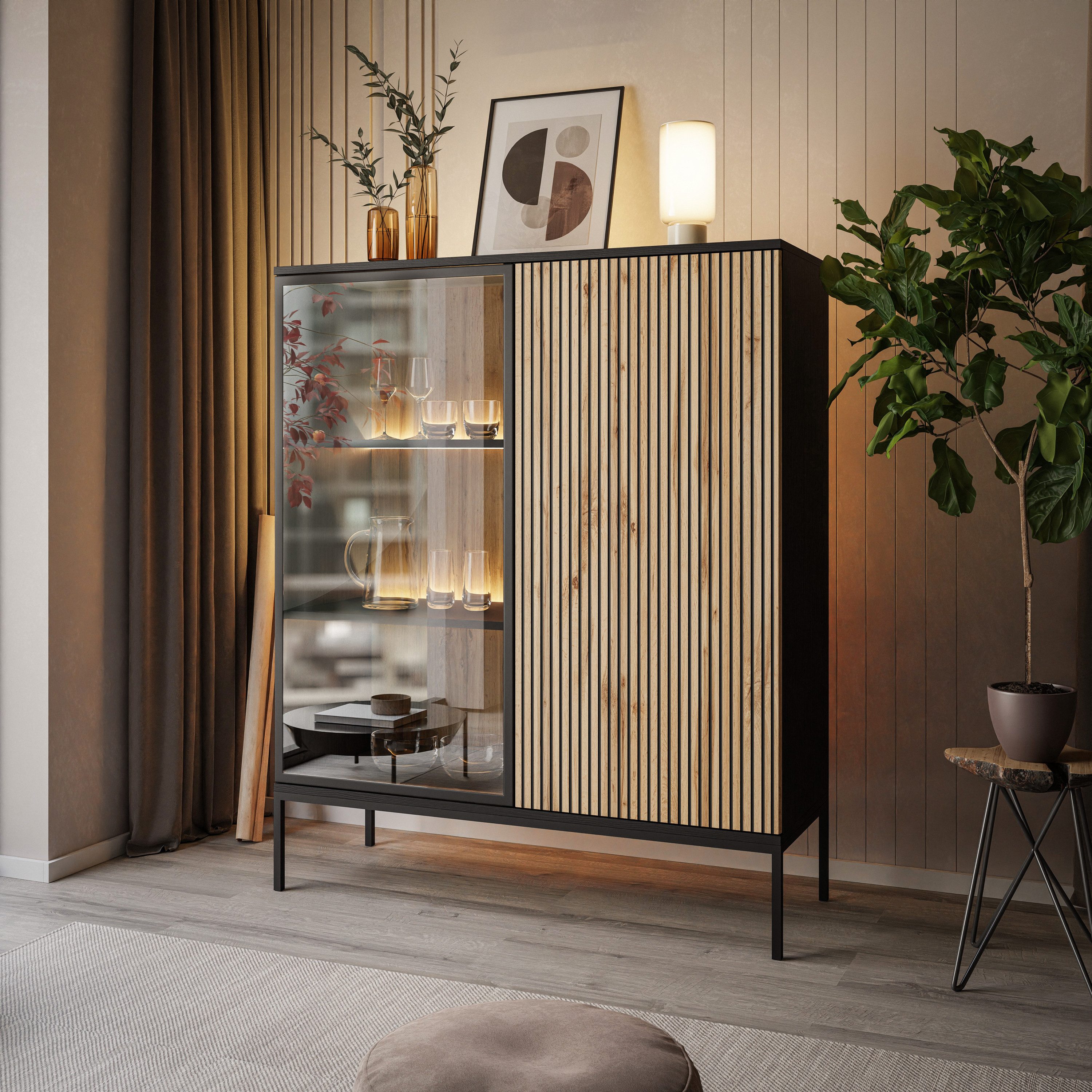 Lookway Hochschrank ECLIPSE WT104 niedrige Vitrine mit Beleuchtung Eiche schwarz wotan Breite : 104 cm