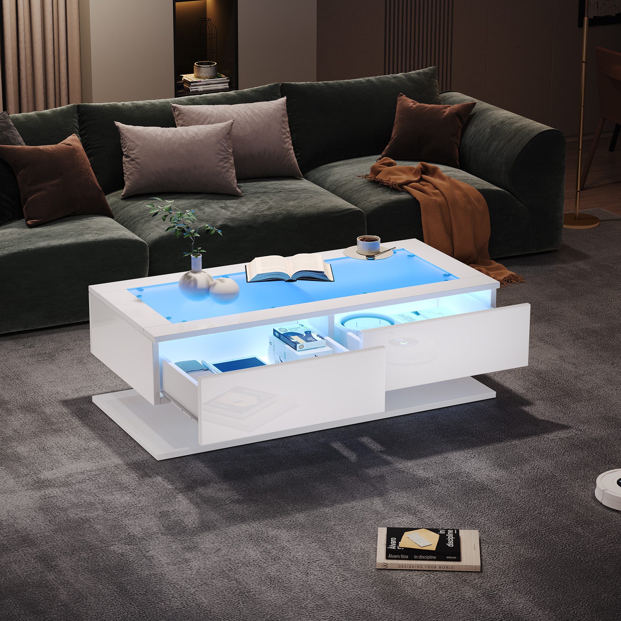 Merax Couchtisch hochglanz Sofatisch Beistelltisch mit LED-Beleuchtung inkl.App (1-St), Wohnzimmertisch mit 2 Schubladen und gehärtete Glasplatte, 100x50x35cm – Bild 3 von 5