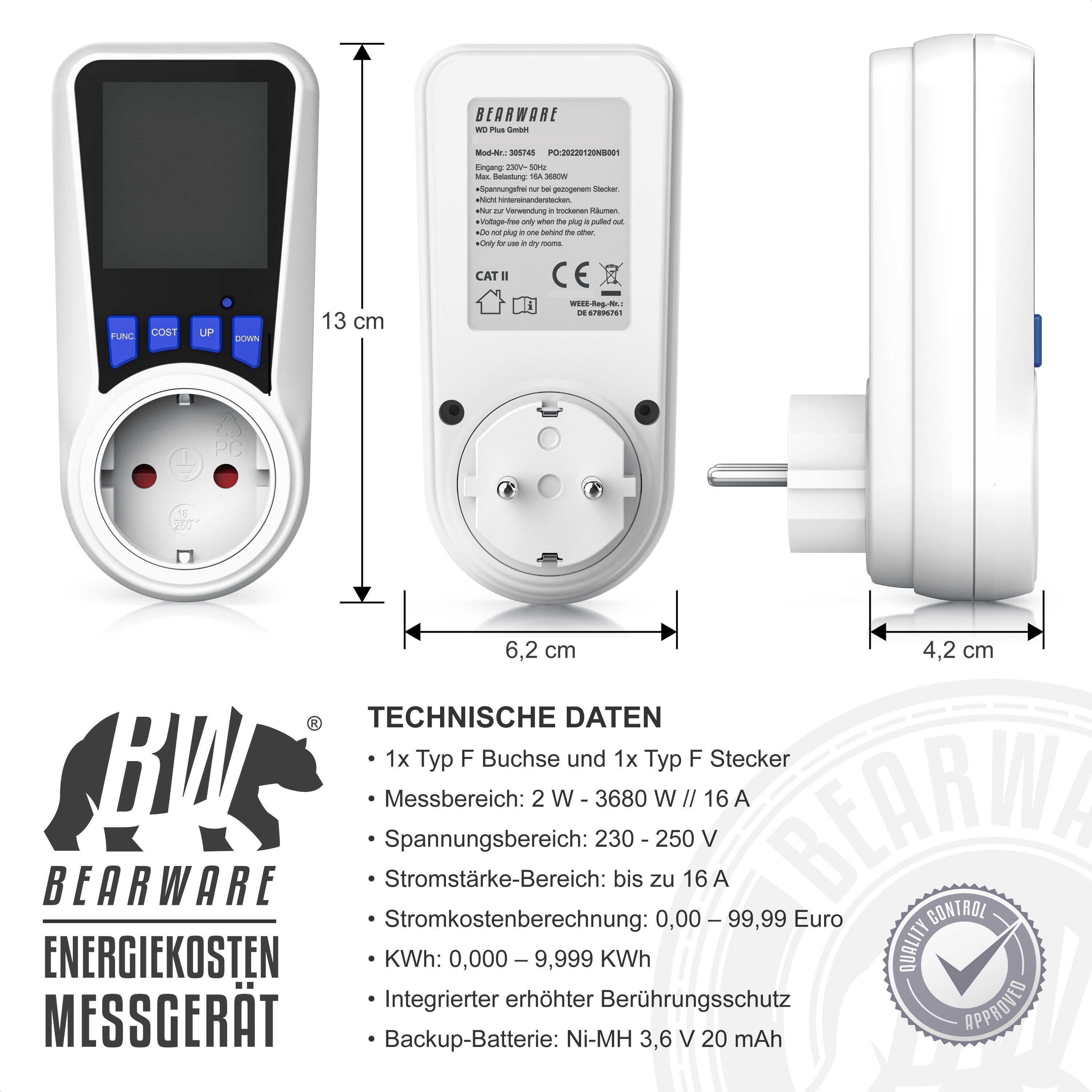 BEARWARE Energiekostenmessgerät, Stromkostenmessgerät, Stromzähler Stromverbrauchszähler, max. W, 3680