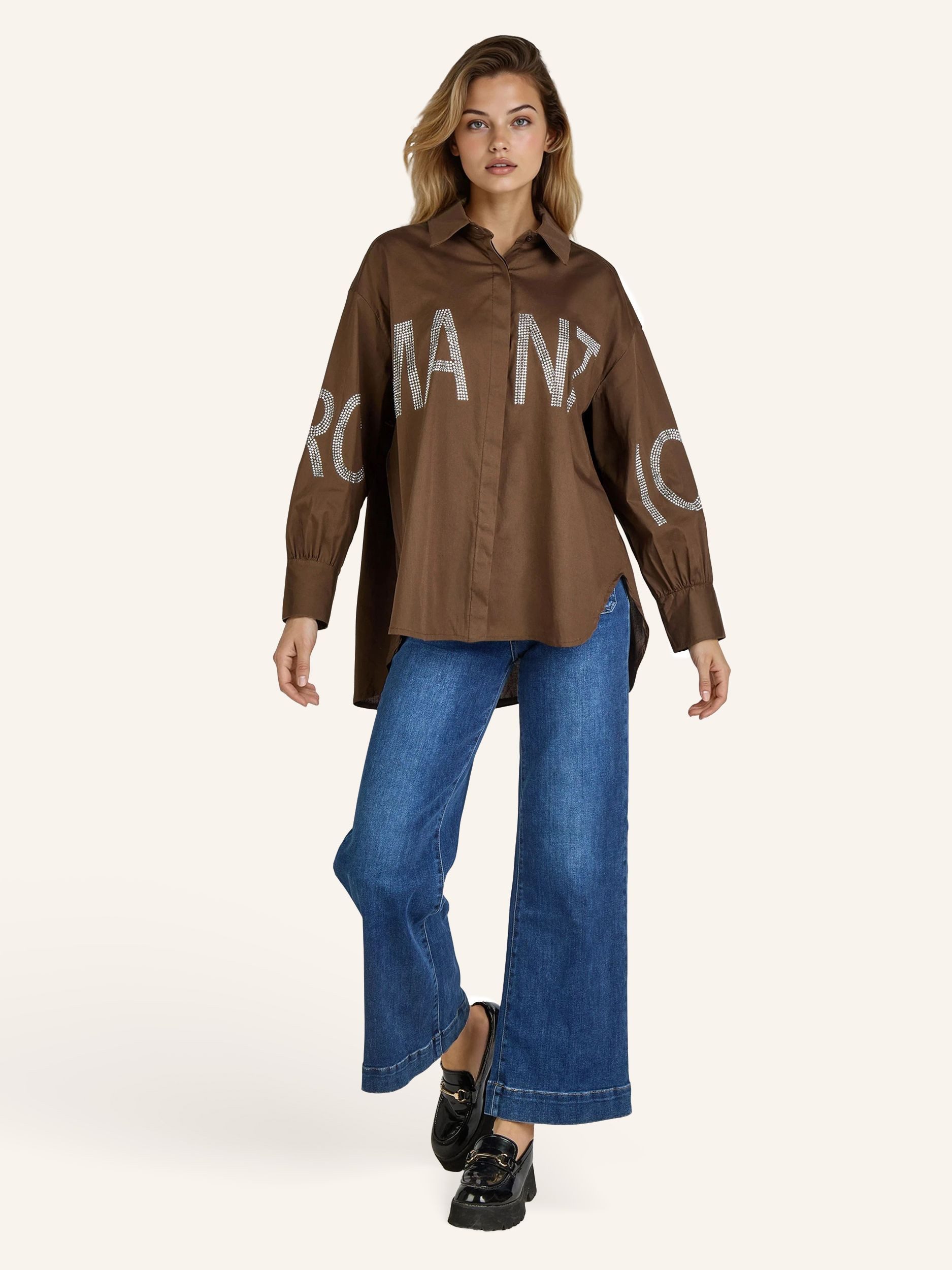 La Strada Langarmbluse Strassschriftzug auf Vorderseite und Ärmeln