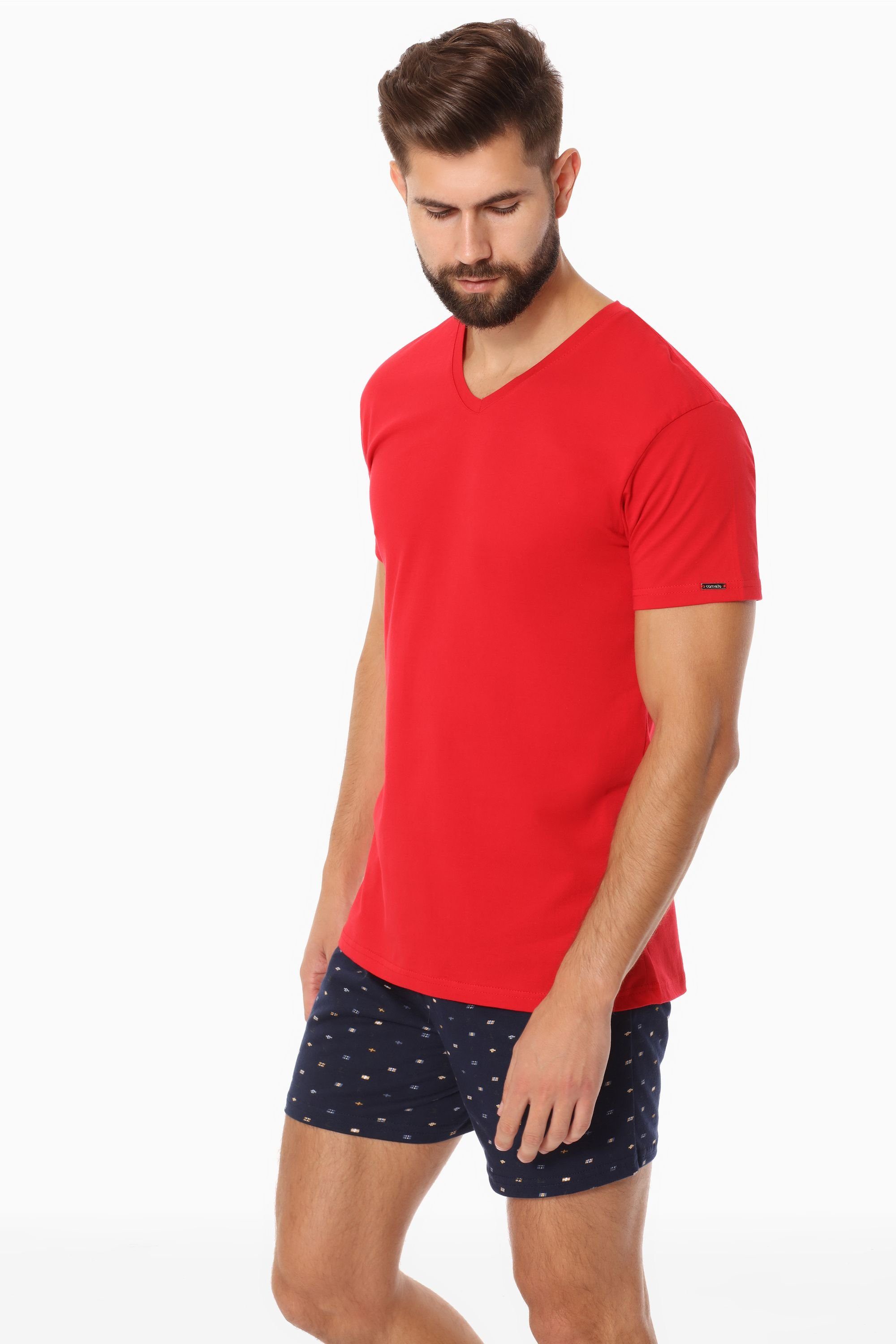 Schwarz/Rot Herren T-Shirt 2er T-Shirts Cornette V-Ausschnitt (2 mit CR067 Pack) (1-tlg) Pack