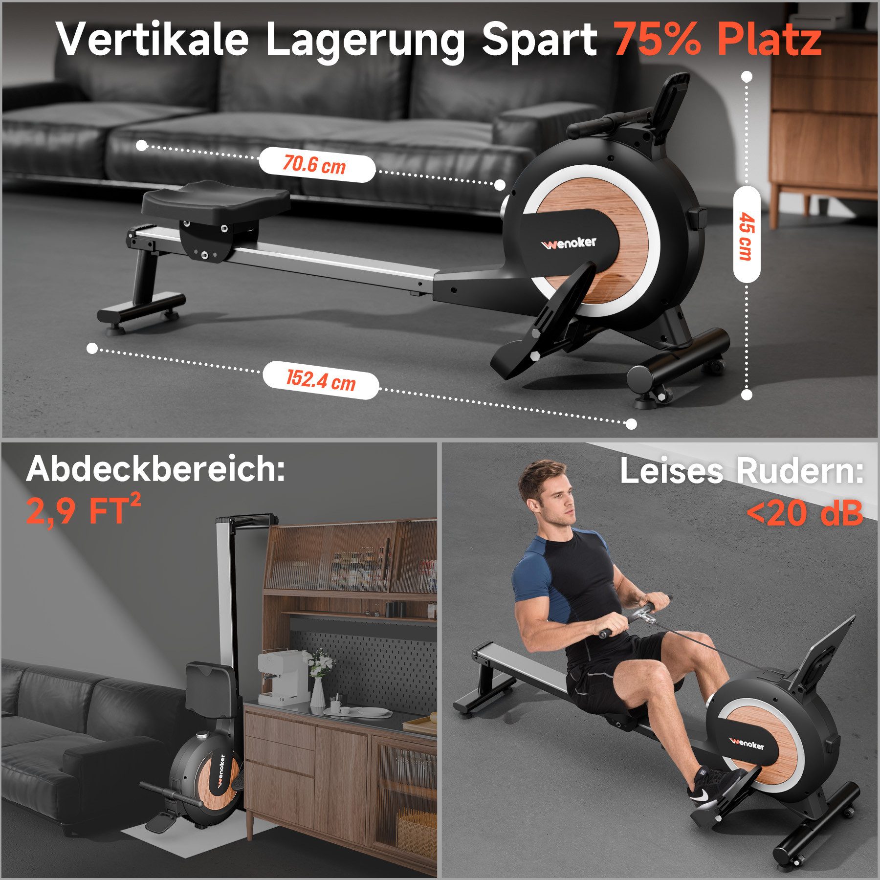 Wenoker Rudergerät Magnetisches Rudergerät mit APP & LED-Display, 32 Widerstandsstufen (1-tlg), Leises Heimrudergerät für Cardio-Training