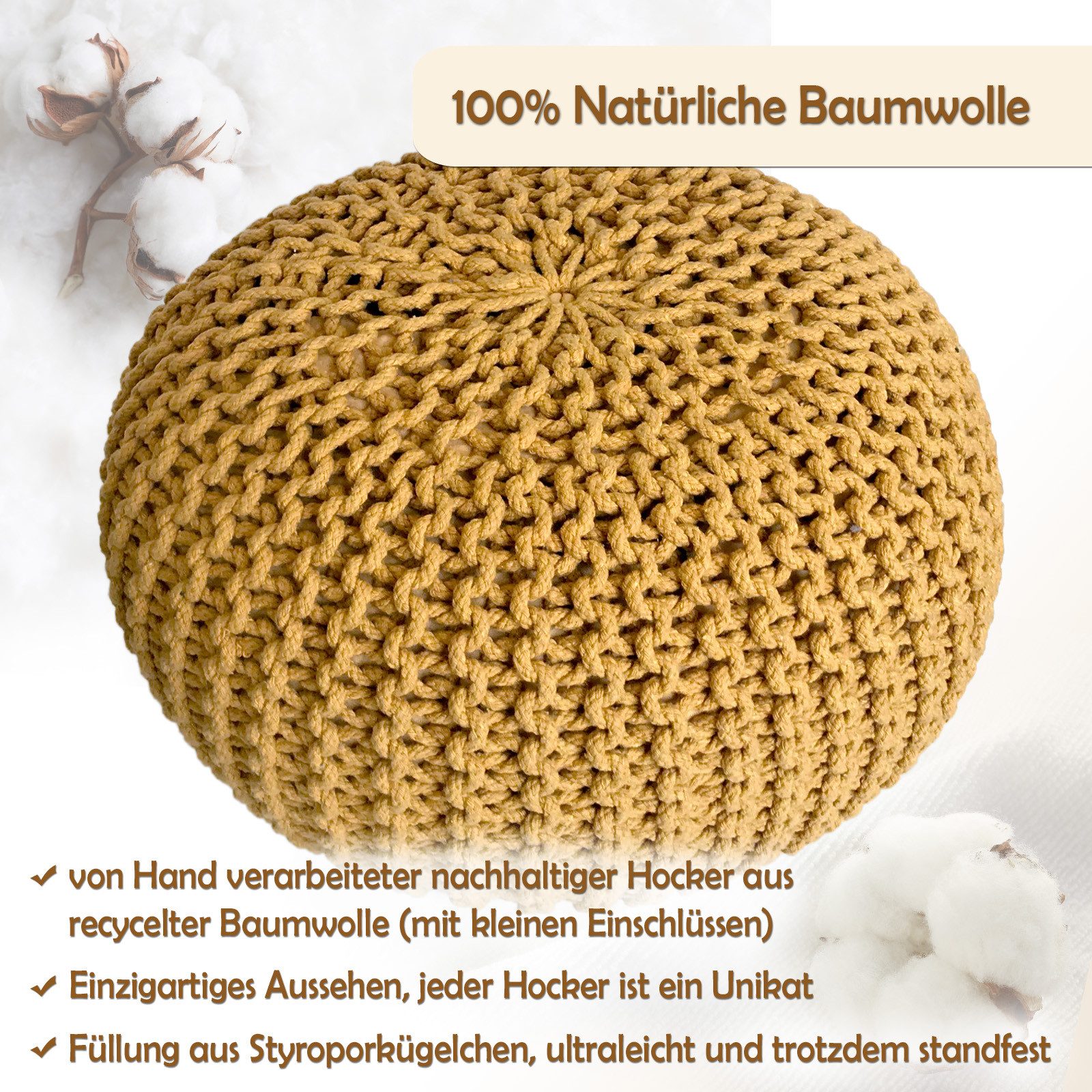 Amagohome Sitzhocker Sitzpouf Strickhocker Pouf Ø45 H30cm Bodenkissen Indoor Baumwolle recy