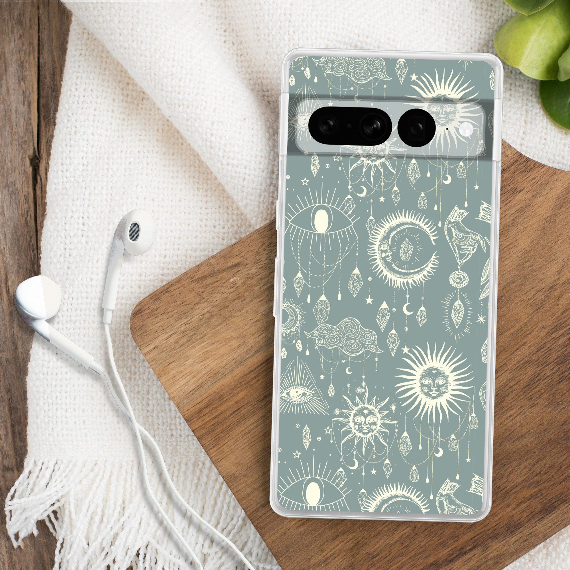MuchoWow Handyhülle für Google Pixel 7 Pro Boho - Druck - Blau - Sonne - Augen - Zen, Phone Case, Silikon, Schutzhülle Dünn