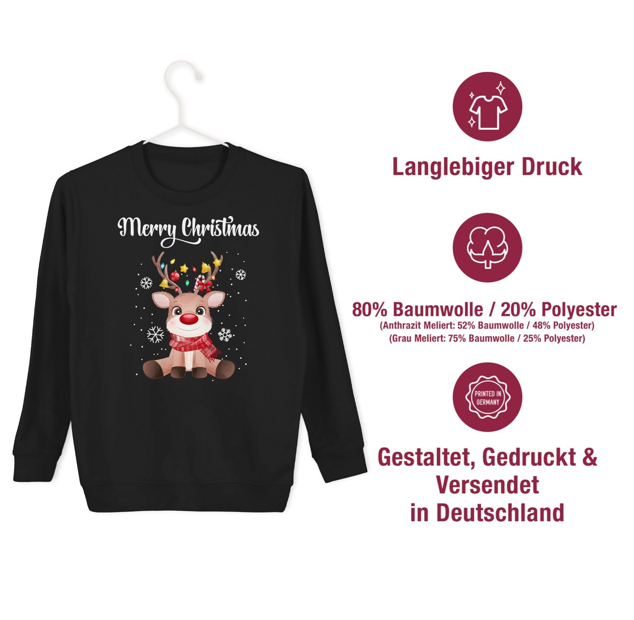 Schwarz Sweatshirt Merry Lichterkette süßes 2 Shirtracer mit Weihnachten - Kinder Kleidung Christmas Rentier