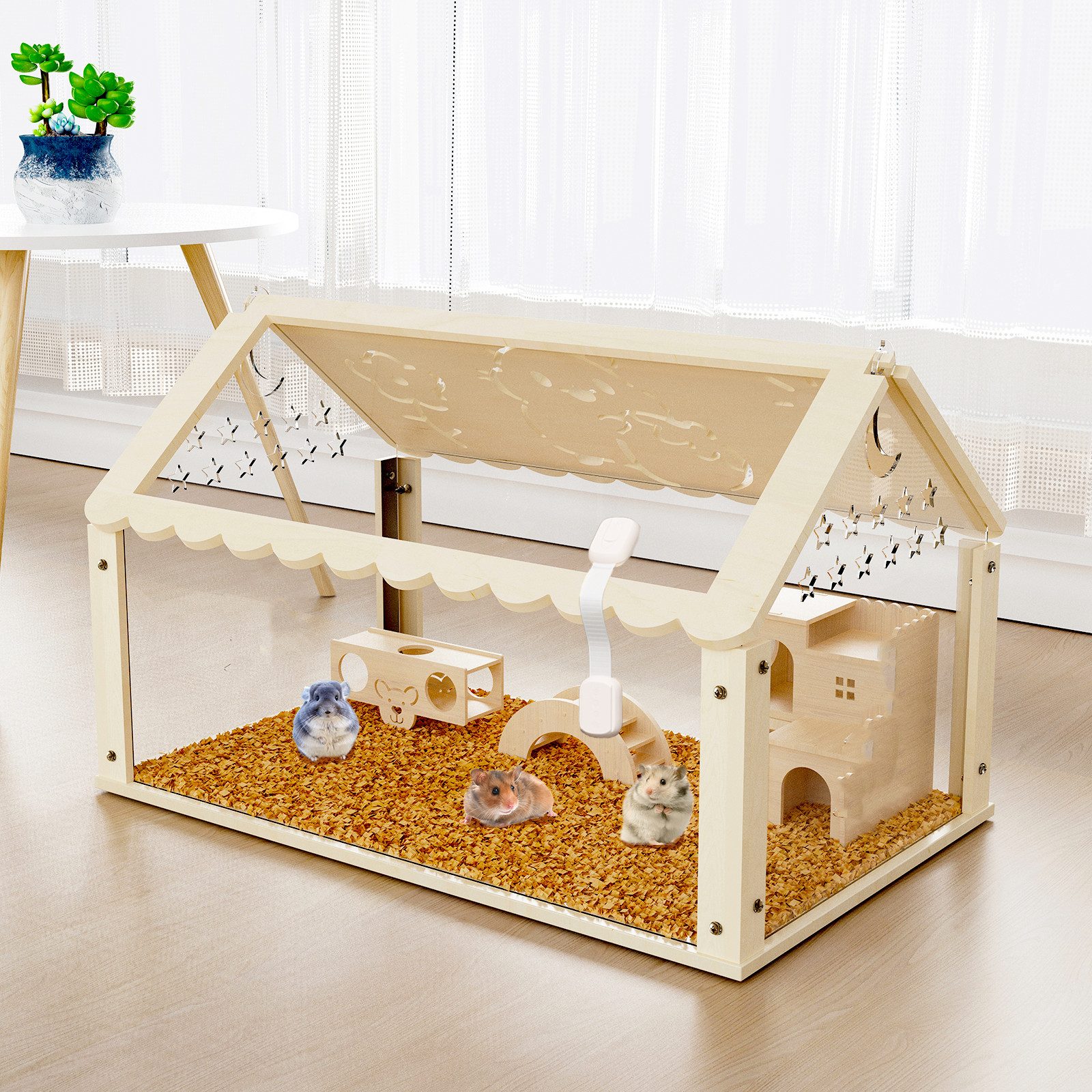 TWSOUL Kleintierkäfig Nagerkäfig aus Holz, Kleintiergehege Schaufenster aus Acryl, 60cm, mit Häuschen/Leiter/wippe, Meerschweinchen Hasenkäfig Hamsterkäfig