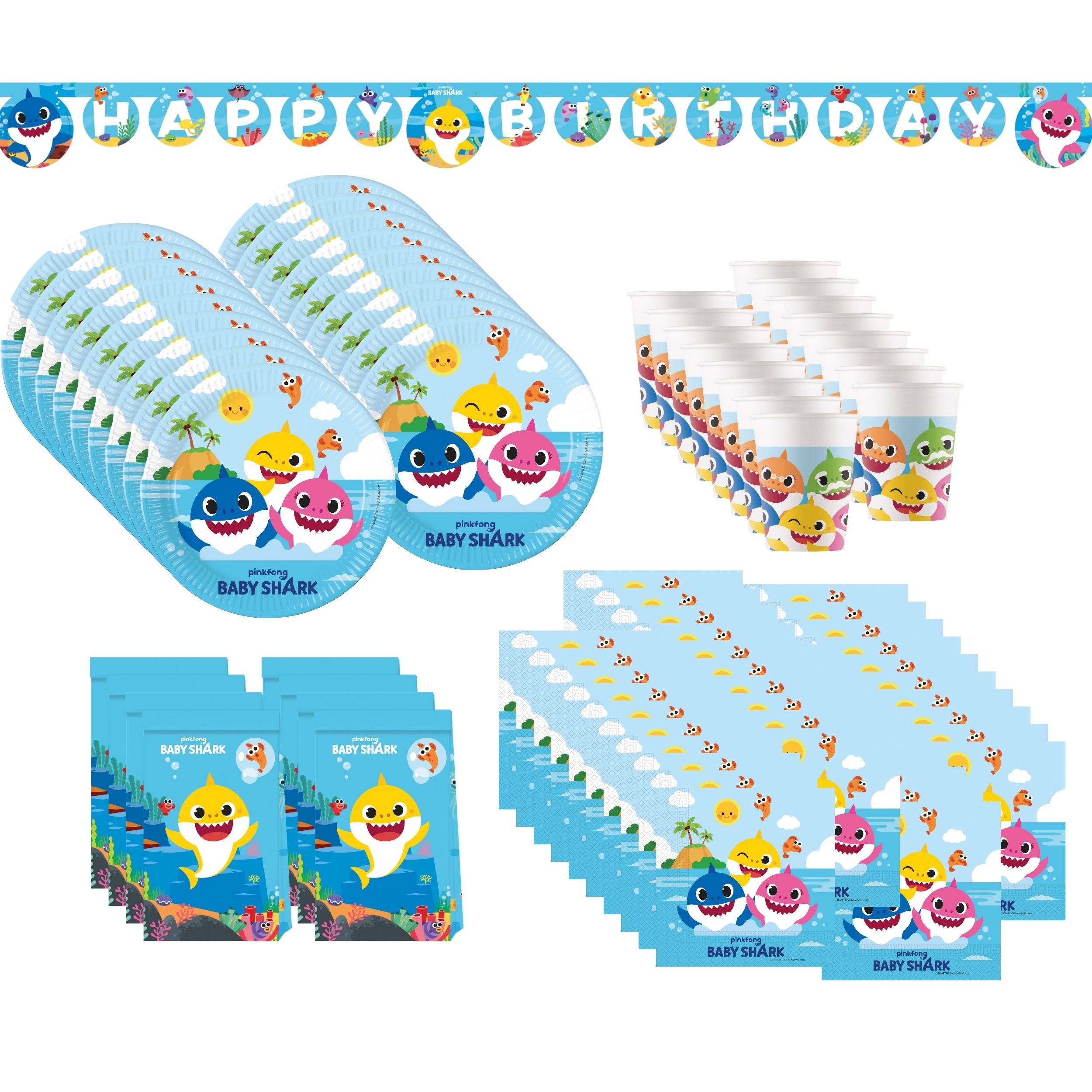 Procos Einweggeschirr-Set 81-tlg. Baby Shark Party Set für Kindergeburtstag, 16 Personen