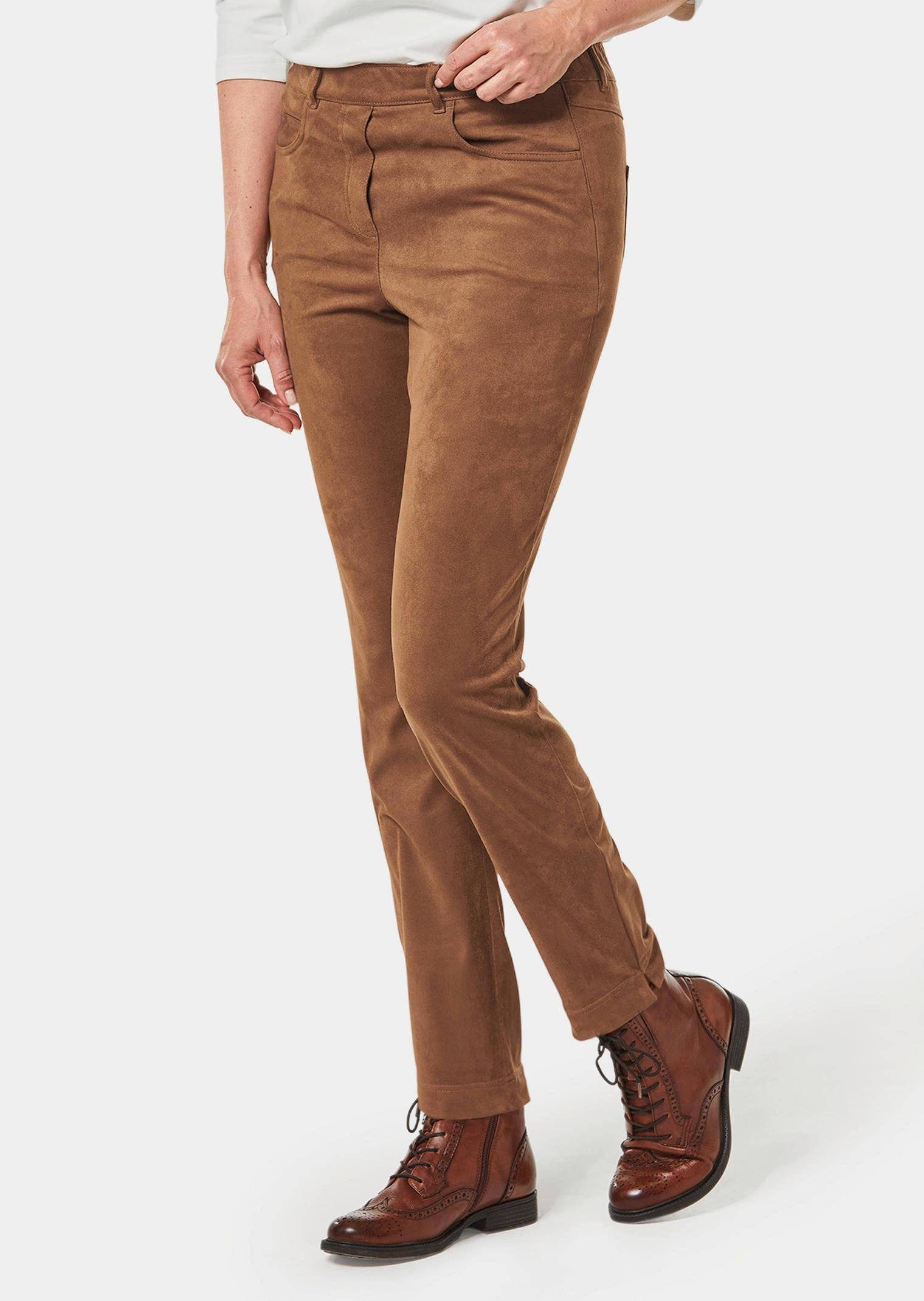 GOLDNER Stoffhose Bi-elastische Hose in superweichem Veloursleder-Look camel