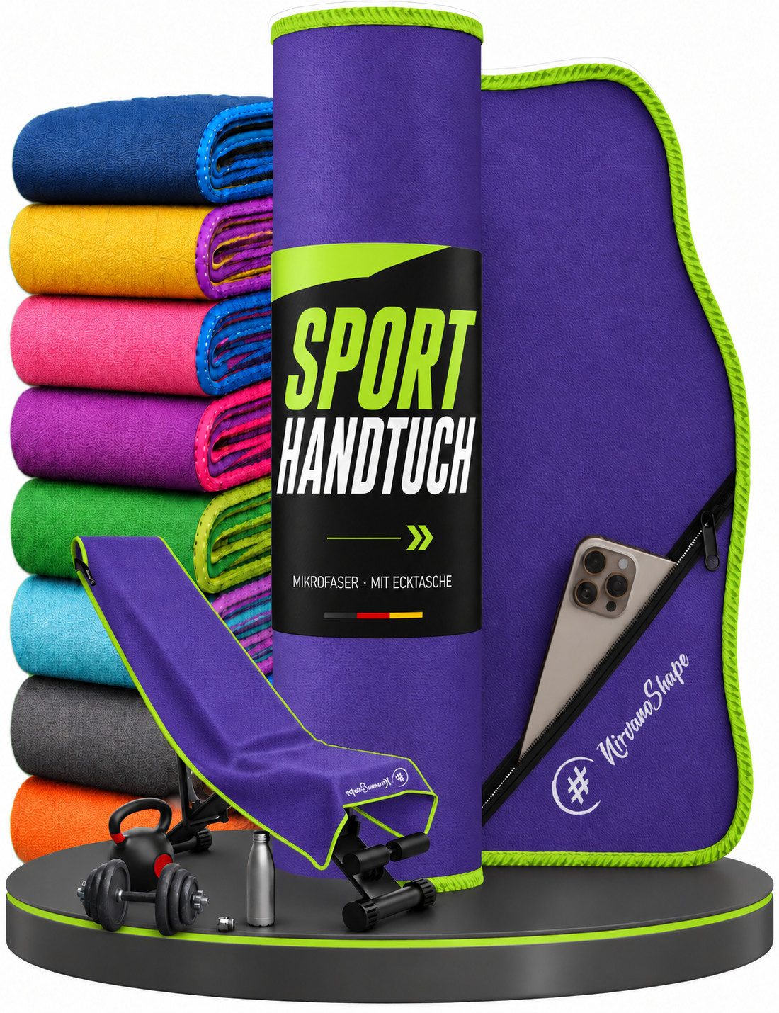 NirvanaShape Sporthandtuch NirvanaShape Mikrofaser Fitnesshandtuch mit Ecktasche und Knöpfen, saugfähig, leicht, schnelltrocknend, für Reisen, Fitness, Yoga, Sauna
