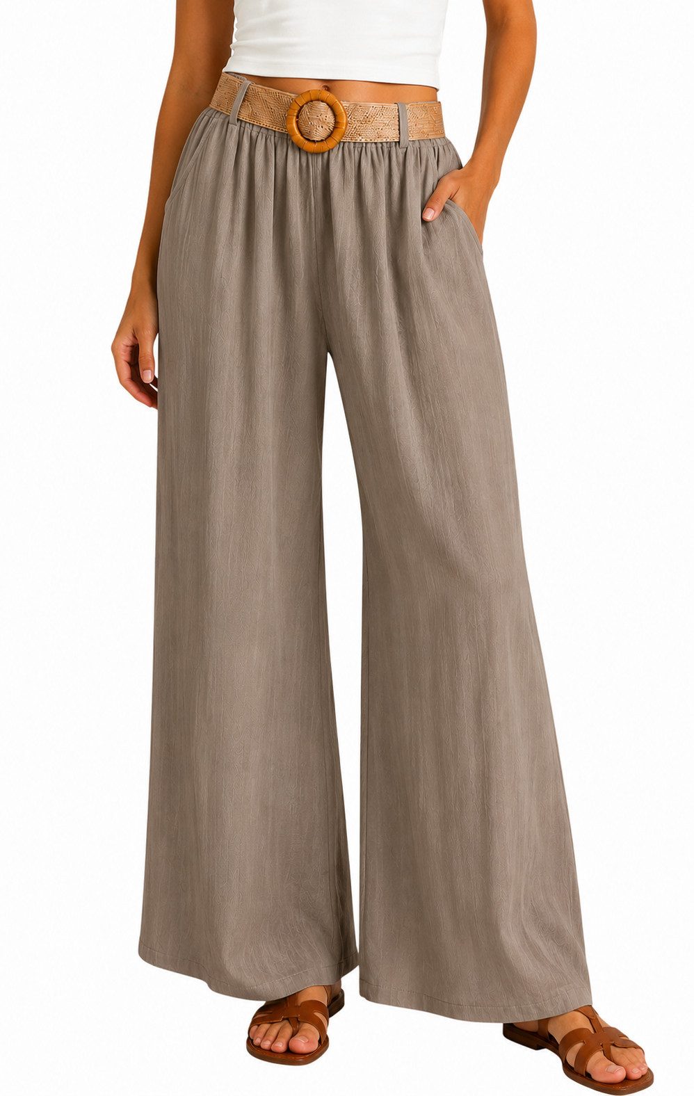 Mississhop Paperbag-Hose Damen Palazzo Baumwollhose – leichte Sommerhose mit Gürtel S/M, 2562