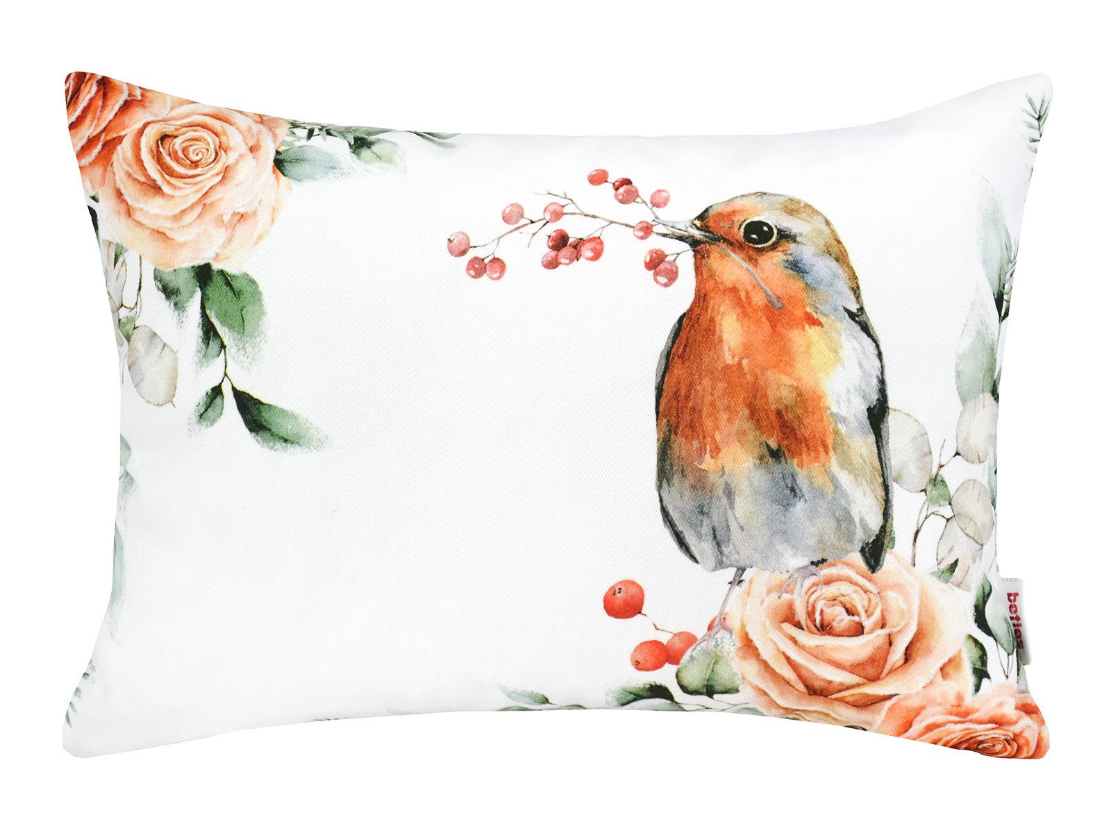 beties Kissenbezug Magie des Winters Frost-Rose, (1 Stück), Rotkehlchen zwischen Rosen & Vogelbeeren – natürlich & winterlich