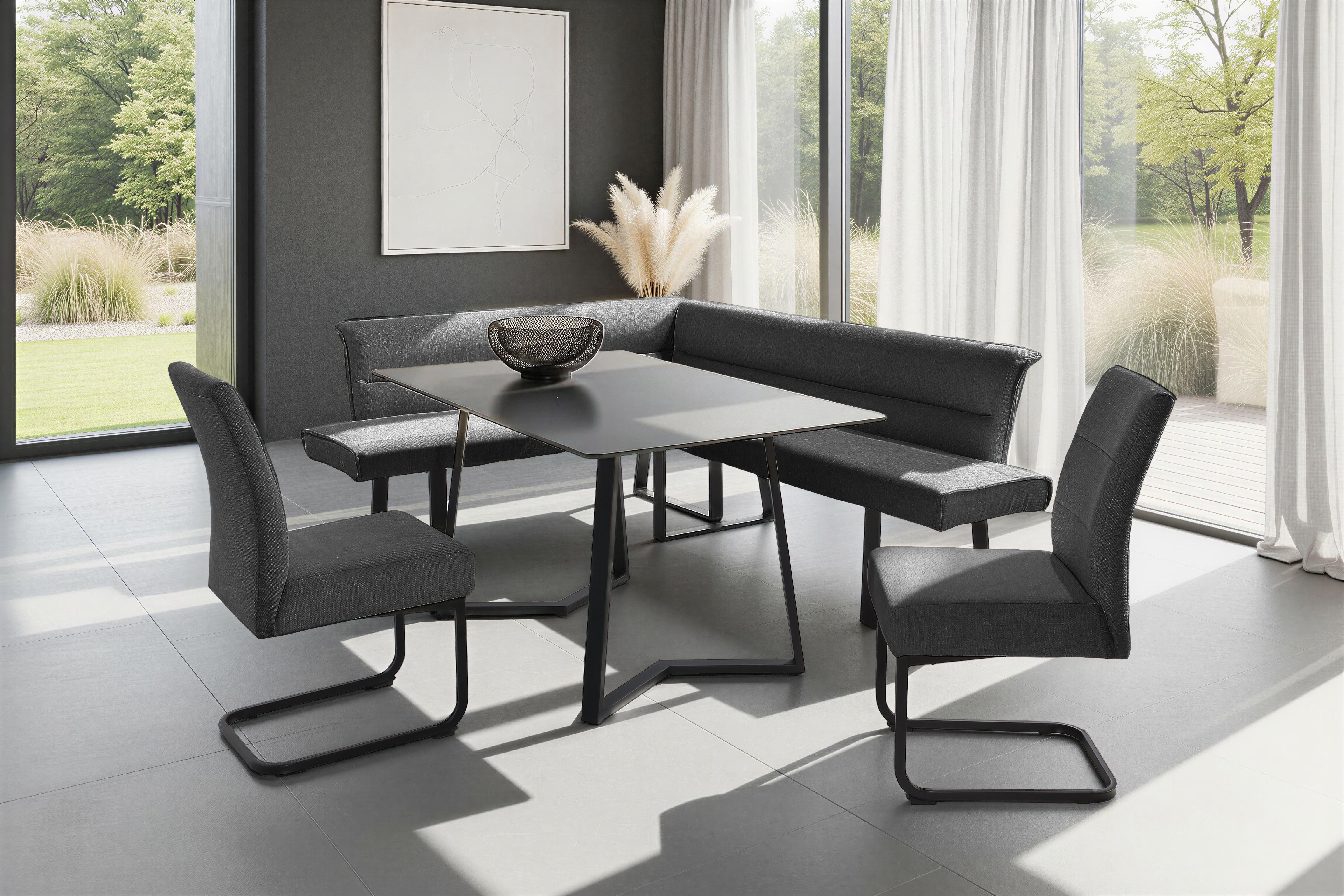 OTTO home Eckbankgruppe (Set, 4-tlg. Tisch, Bank und 2 Stühle), Taschenfederkern, Tisch (140x90cm) schwarz, Bank und Stühle anthrazit oder beige