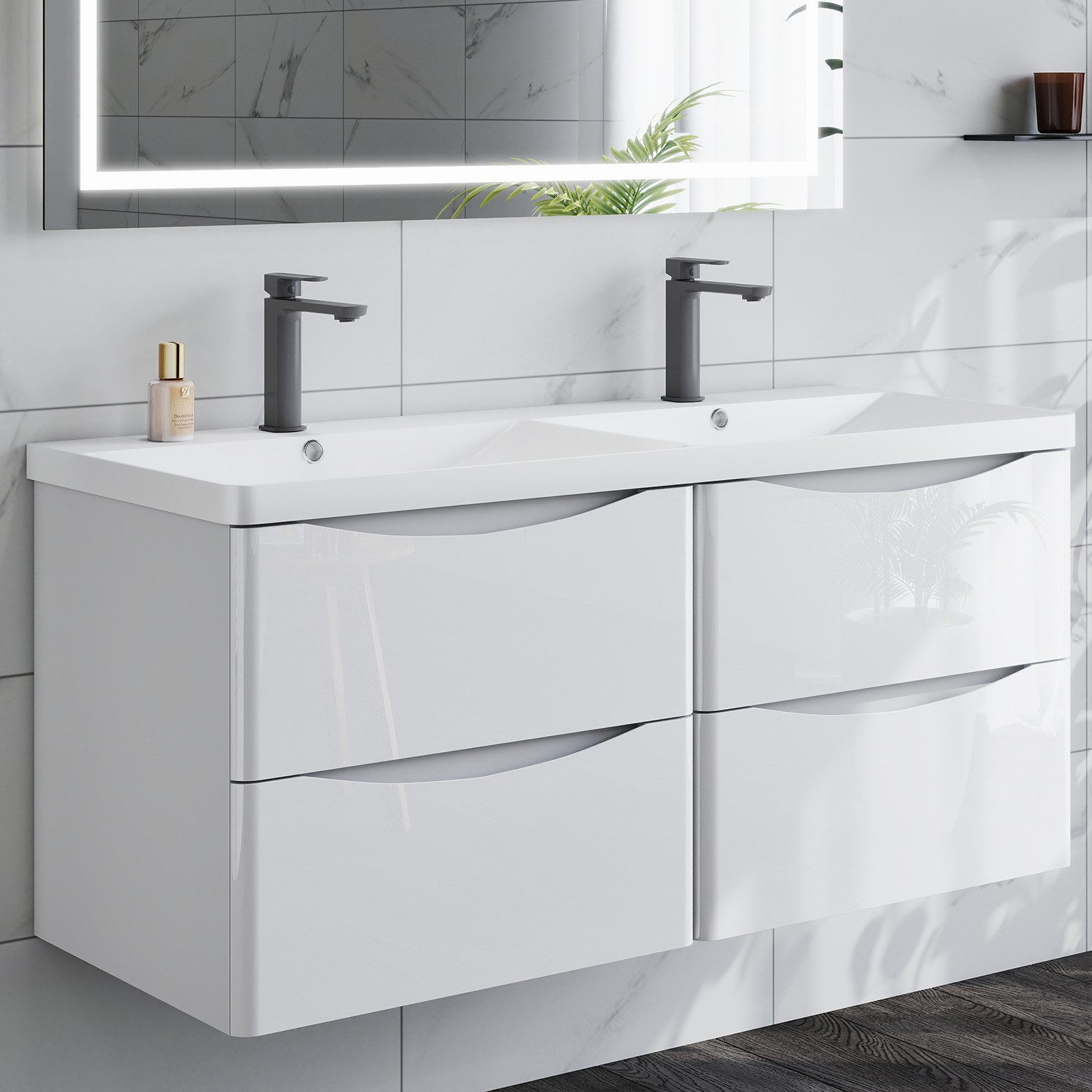 duschspa Waschtisch 50/60/80/100/120 cm Waschbecken mit Unterschrank (Smiley), Hochglanz Weiß/Dunklegrau