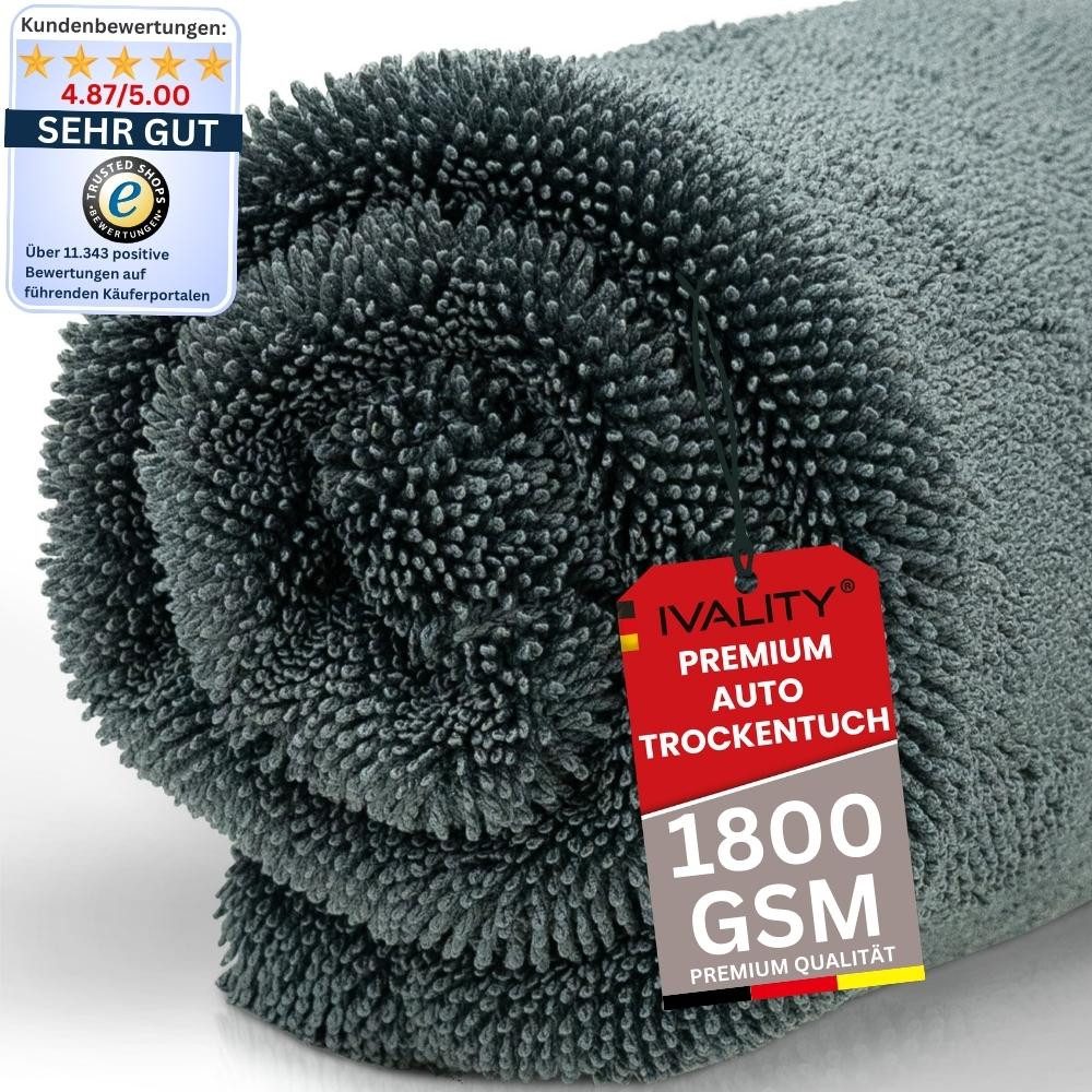 IVALITY Ultra Saugstarkes Auto Trockentuch XXL 80x50 cm Microfaser - 1800 GSM Mikrofasertuch (Keine Wasserflecken oder Schlieren mehr -, 1-tlg., - Innovatives Twisted Towel Trockentuch -, Weltweit saugstärkstes Trockentuch, Premium Qualität, Maschinenwäsc