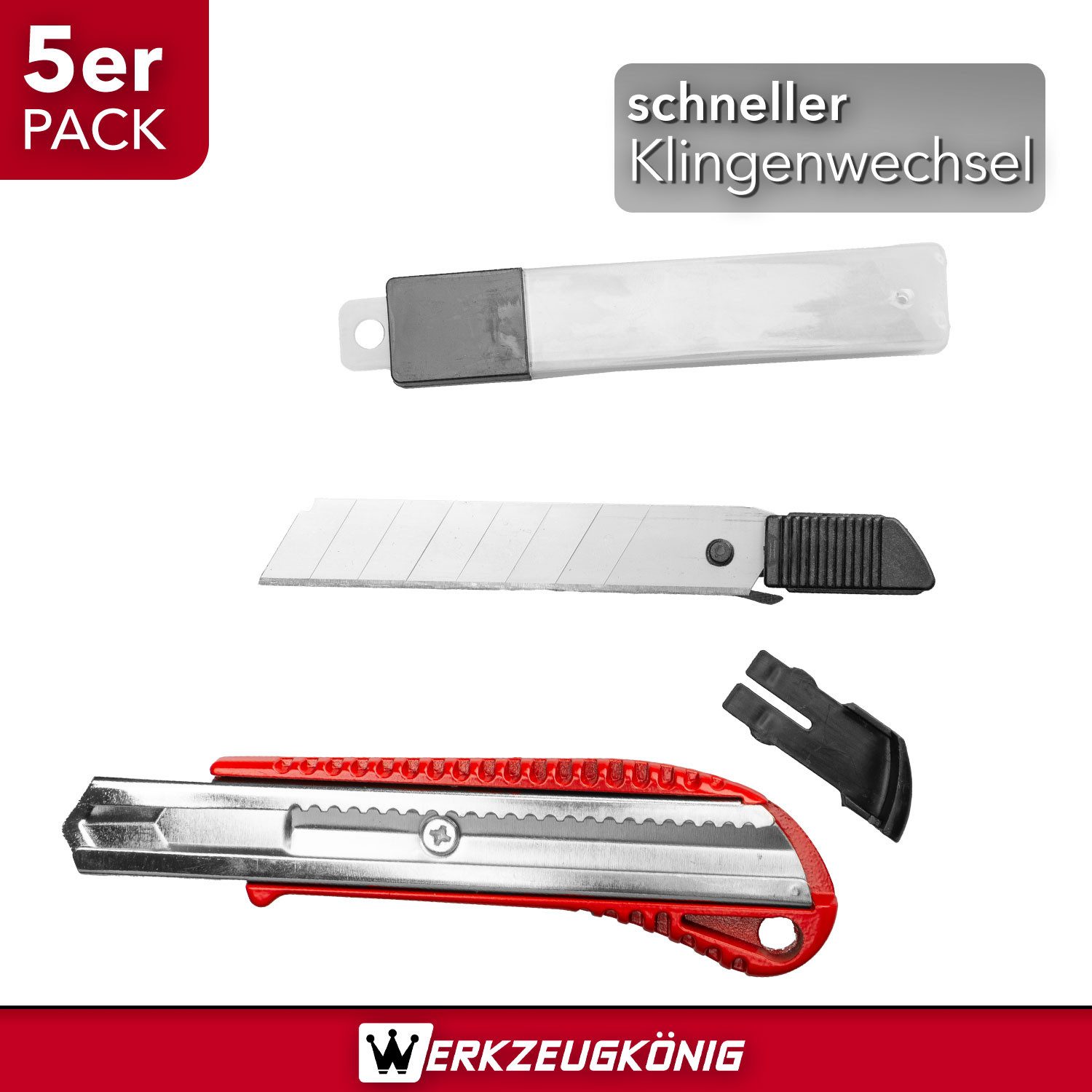 Werkzeugkönig Cuttermesser 5 Stck. 18 mm Aluminium + 50 Ersatzklingen, Klinge: 1,80 cm, (5-tlg), Segmentklingen – Bild 5 von 5
